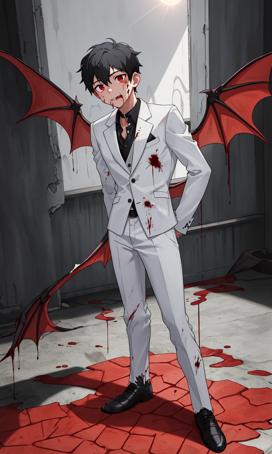 1boy,black hair,red eyes,male,sun,suit,white suit,bat wings,torn suit,blood,slience face,arm behind back,choker,full body