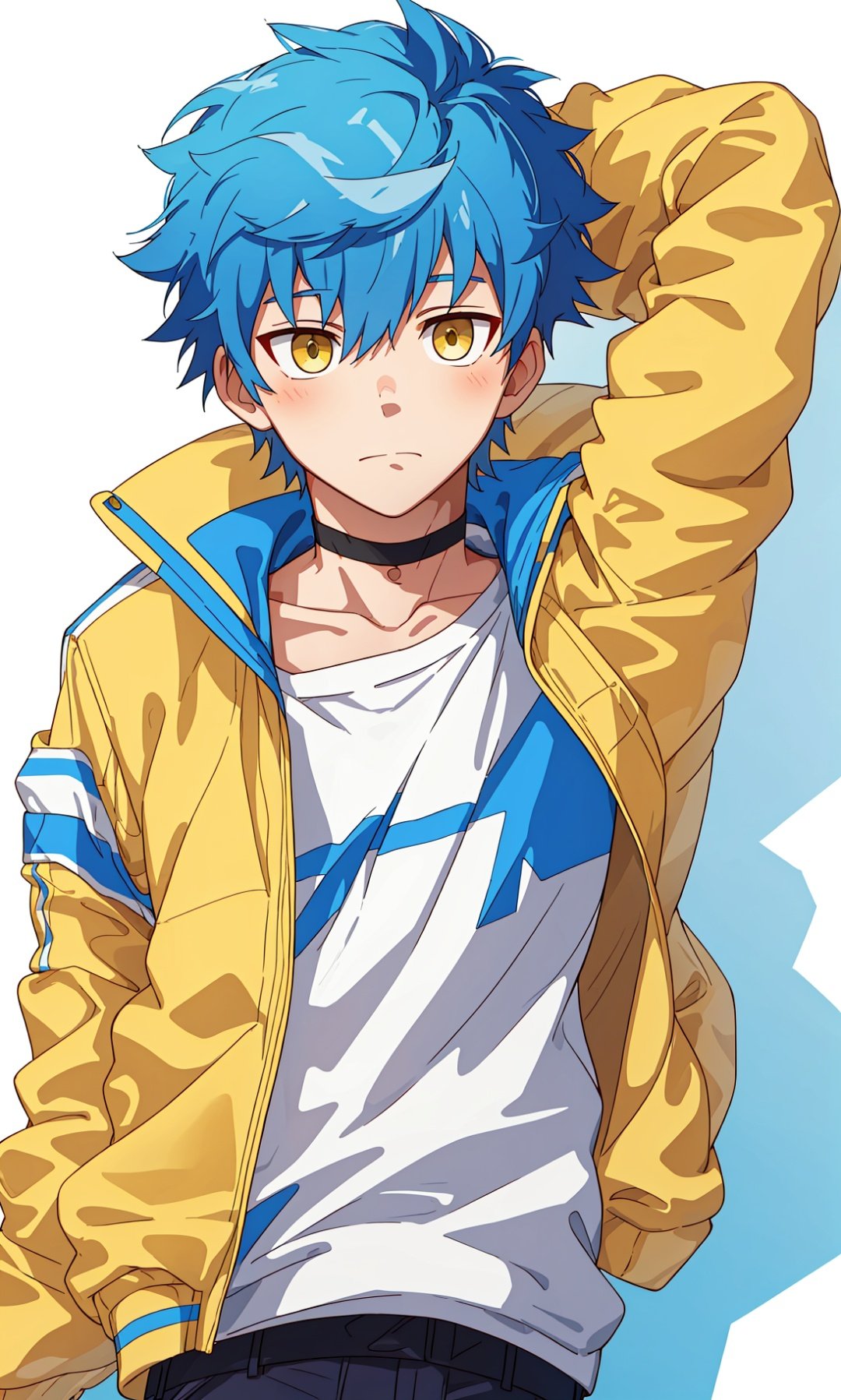 1boy,blue hair,yellow eyes,white jacket,arm behind head,choker