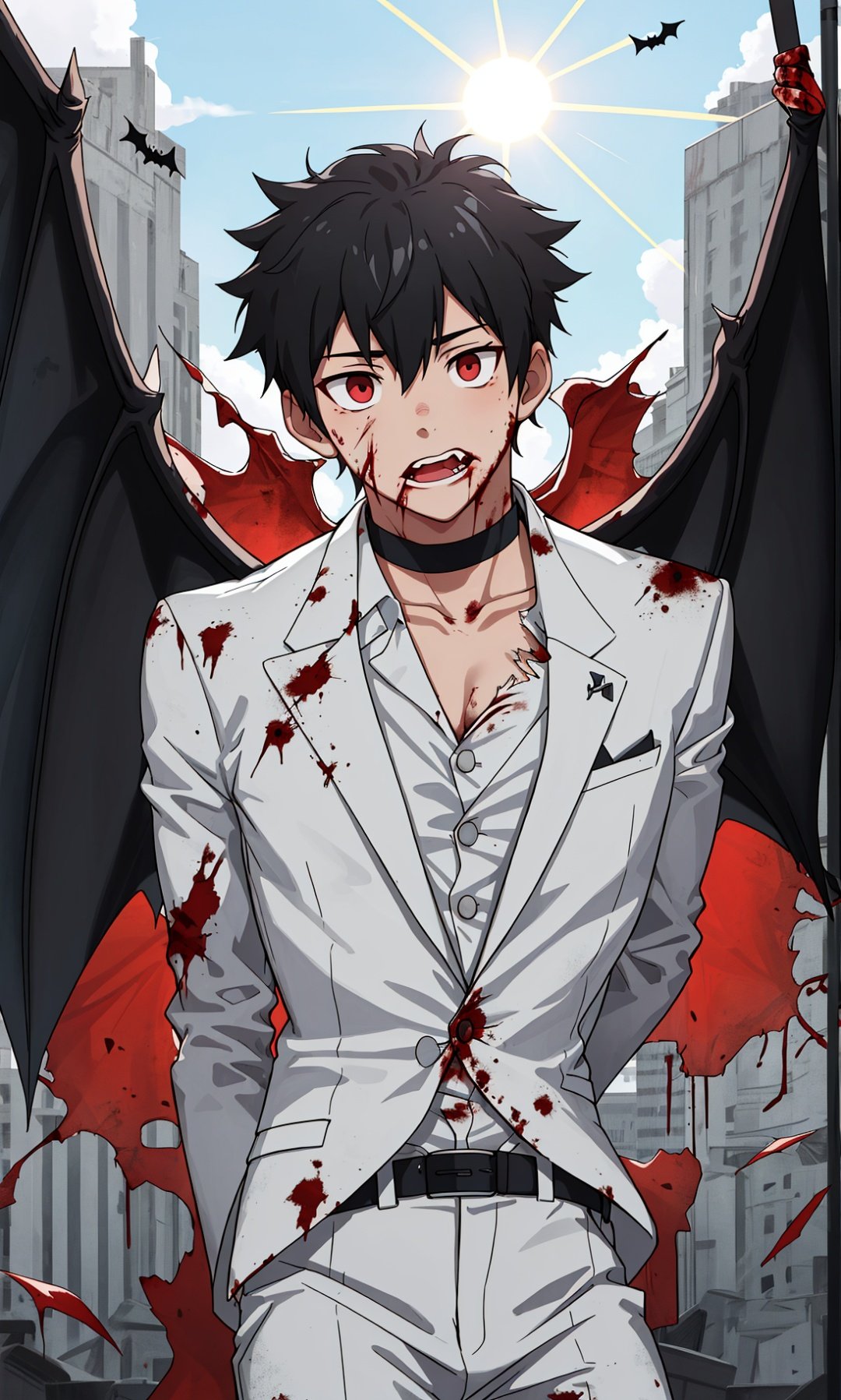 1boy,black hair,red eyes,male,sun,suit,white suit,bat wings,torn suit,blood,slience face,arm behind back,choker