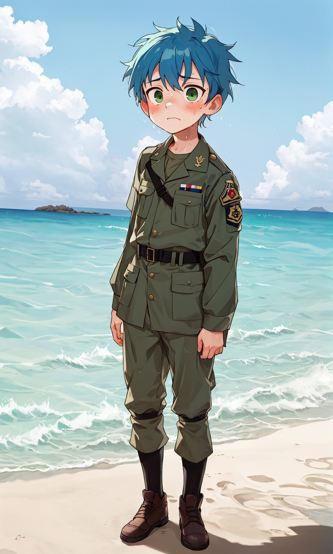 masterpiece, best quality, Boy, male, blue hair, short hair, green eyes, shota, military uniform, soldier, sweat, big eyes, cute face,fighting,sky,beach,solo,only,1boy,full body