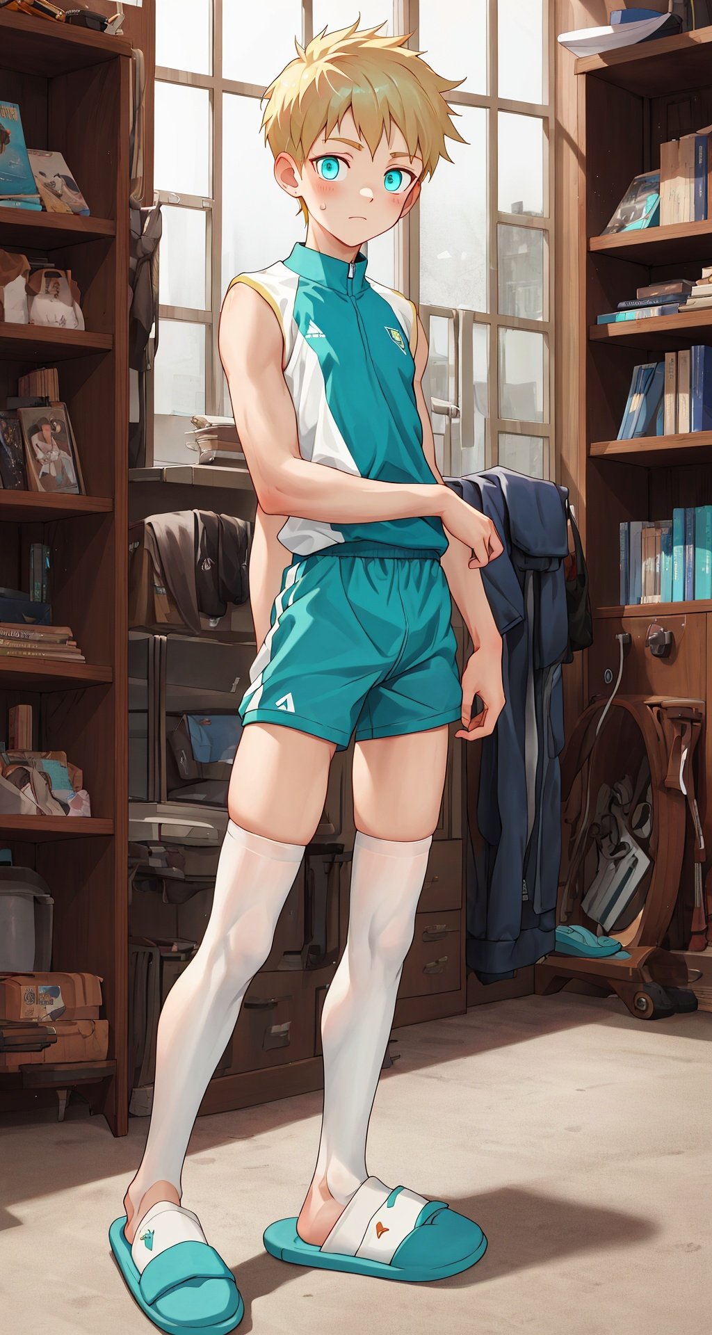 masterpiece, best quality, slippers, arm at side , white thighhighs, sportswear, aqua eyes, glowing eyes, very short hair, blonde hair, boy, solo, male, artbook,