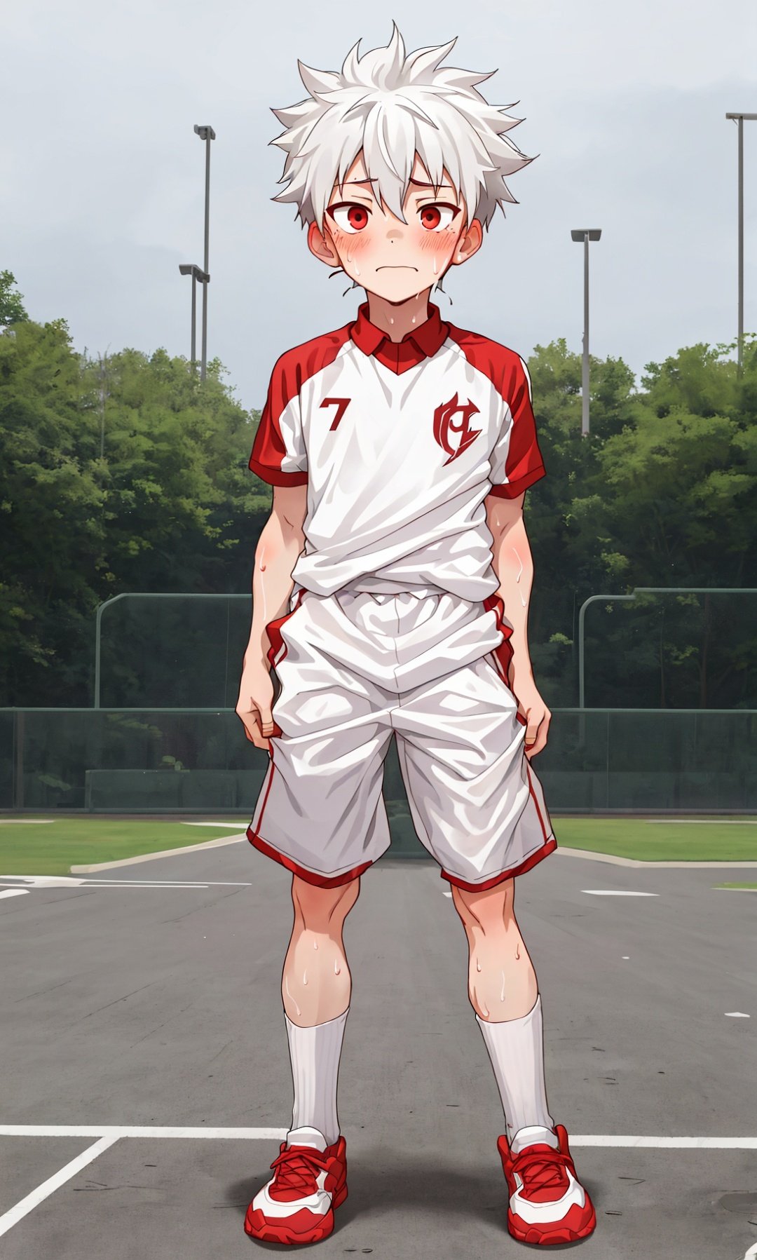 1boy,shota,white hair,red eyes,endured_face,solo,only,white sports clothes,look at viewer,sweaty,1boy,full body