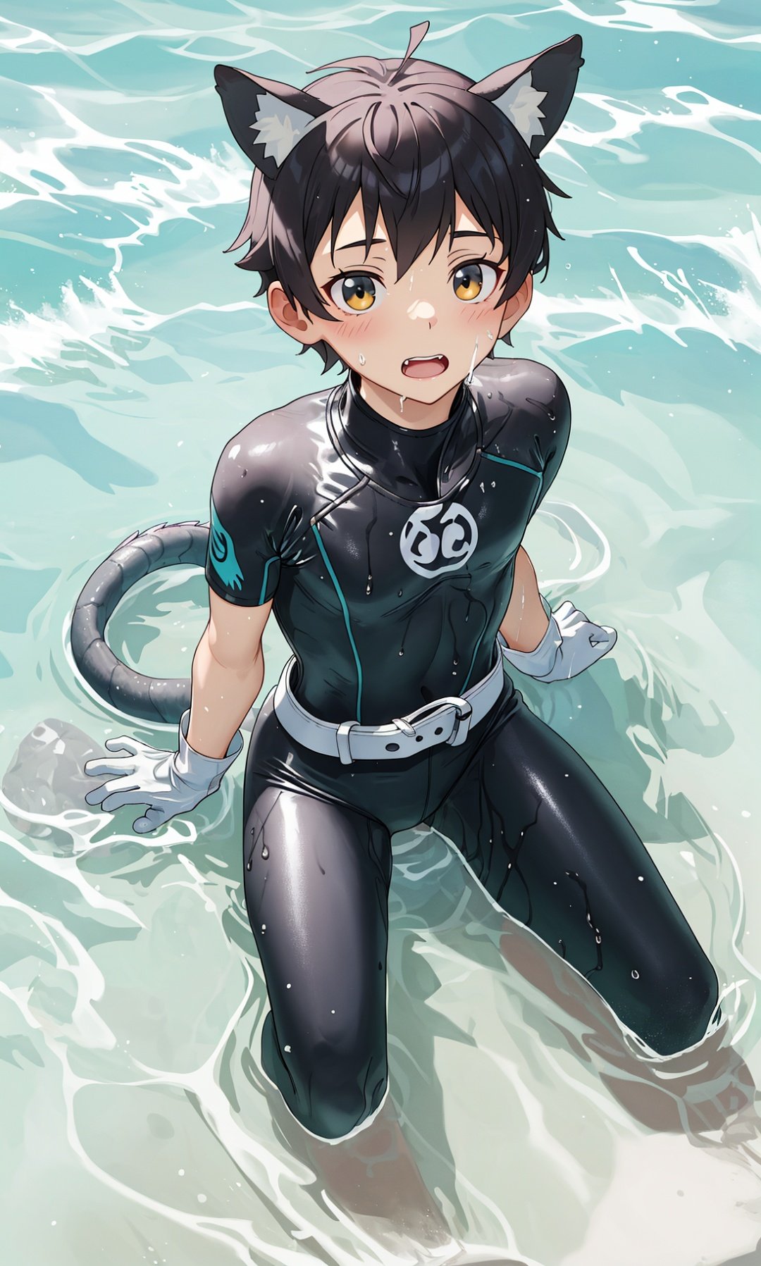 solo,animal ears, gloves, white_gloves, belt,dragonwings,short hair,sit,wetsuit,owo,short hair