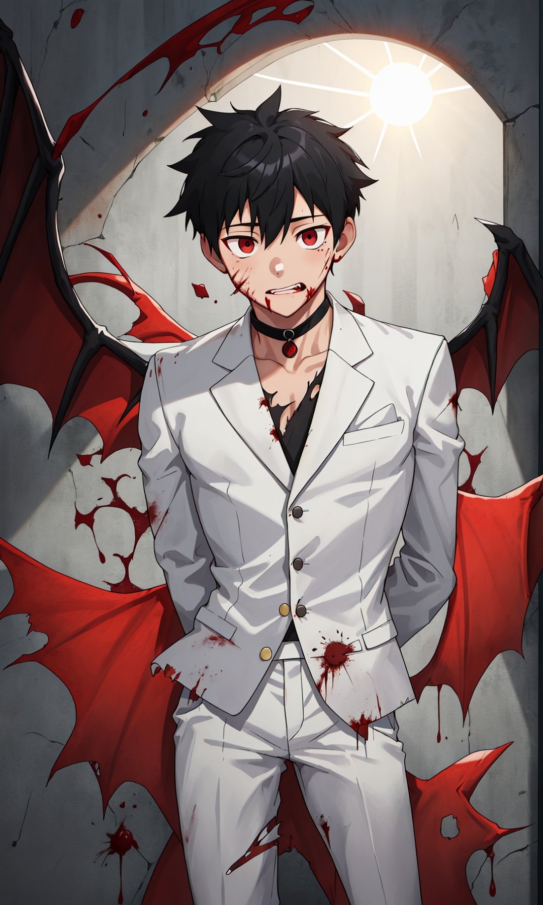 1boy,black hair,red eyes,male,sun,suit,white suit,bat wings,torn suit,blood,slience face,arm behind back,choker,full body