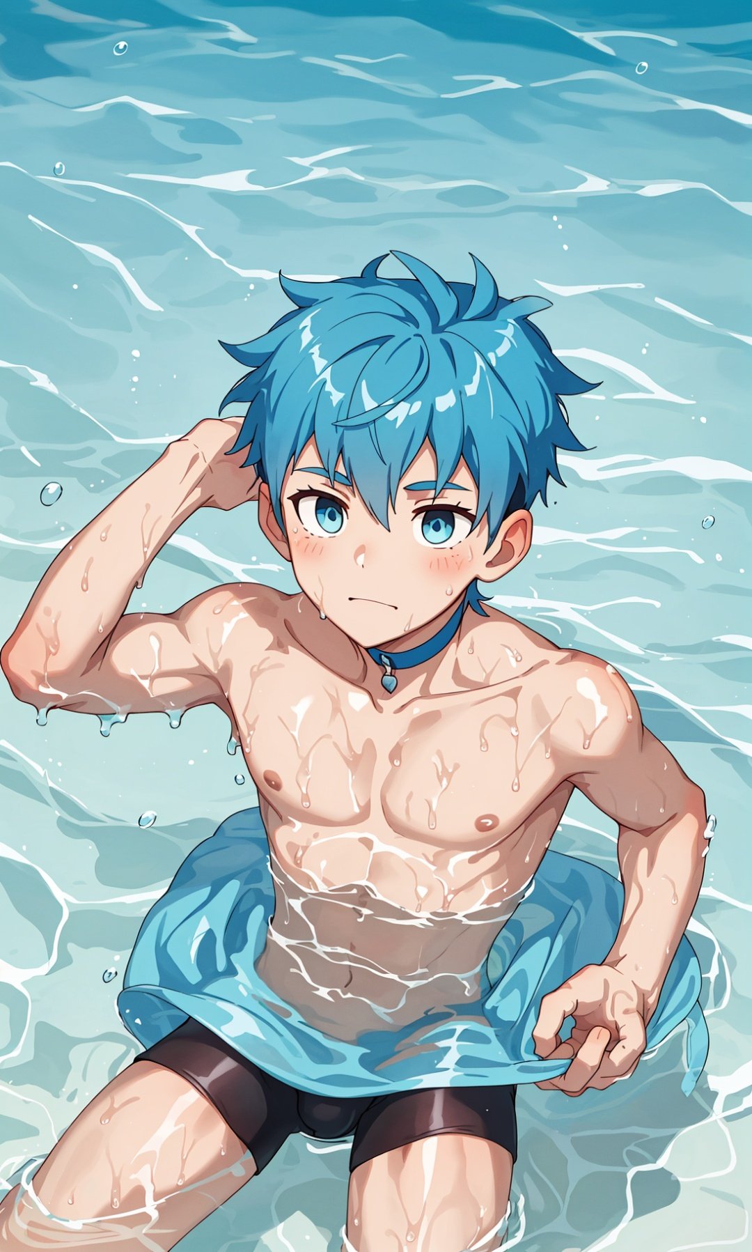 1boy,in water,sea,in sea,blue eyes,blue hair,topless,malce,choker,muscle,bike short,