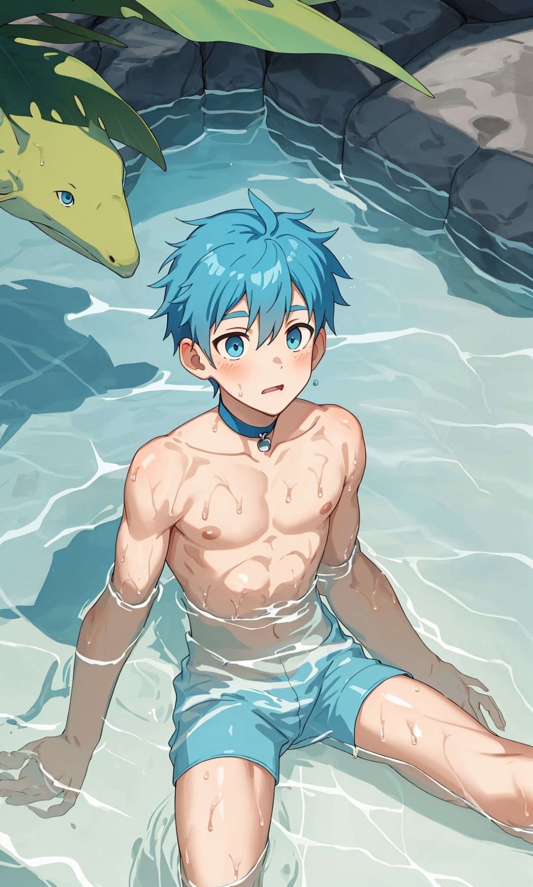 1boy,in water,sea,in sea,blue eyes,blue hair,topless,malce,choker,muscle,bike short,