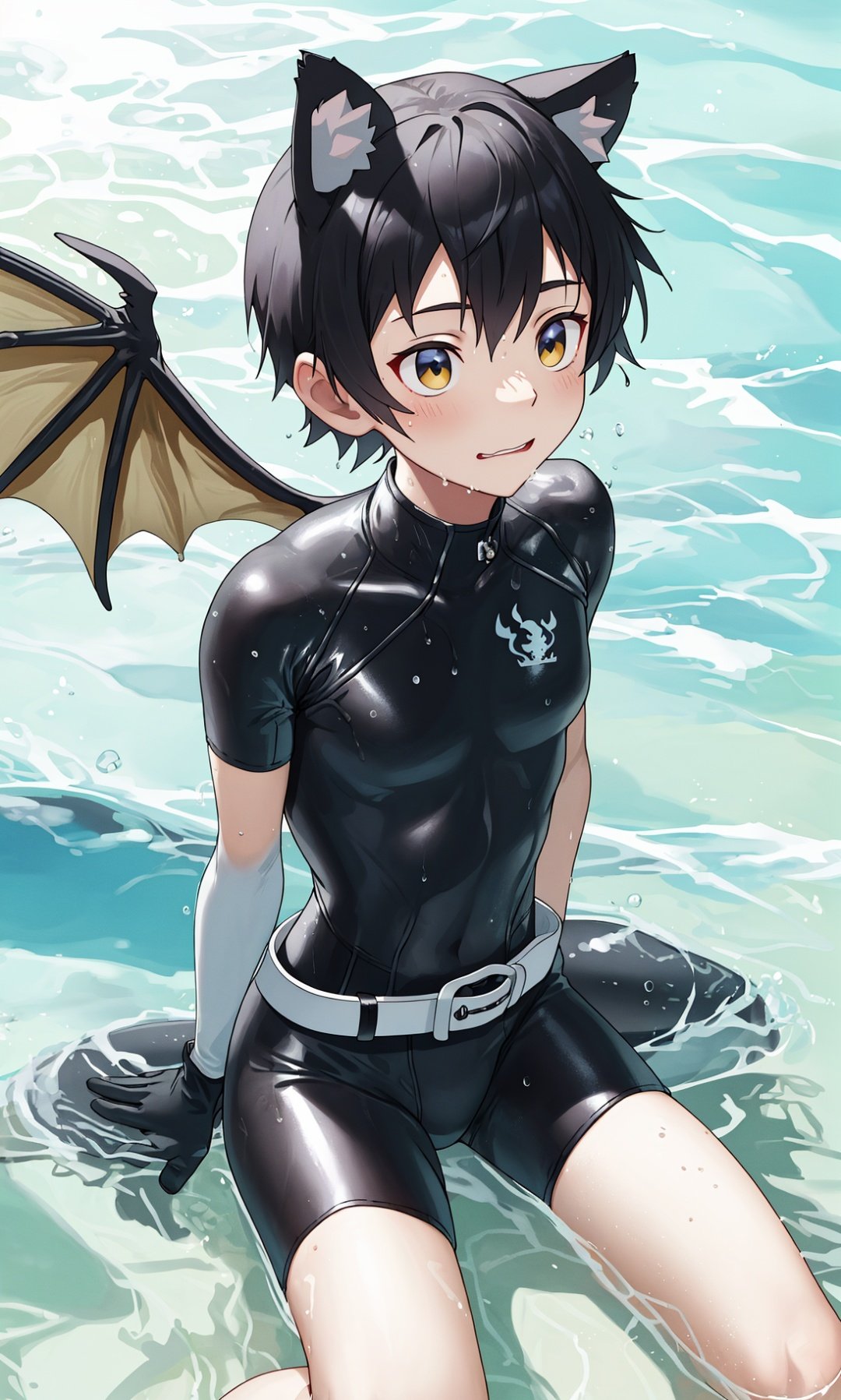 solo,animal ears, gloves, white_gloves, belt,dragonwings,short hair,sit,wetsuit,owo,short hair