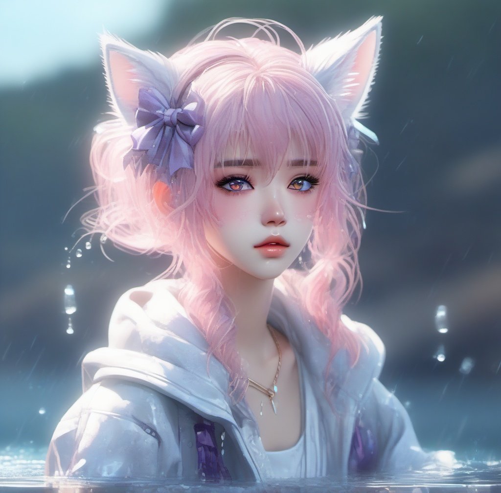 1girl cat ears,anime style,full body,potrait,outdoors,onsen,(solo),(wolf ear fluff),(long_hair),(messy_hair),(ponytail),ahoge,(crystal pink_hair),purple eyes,looking away,(half body under water),((wariza)),blush,((soaked)),(((wet clothes))),(white_shirt),, girl, solo, loli,, (((masterpiece))), (((best quality))), ((ultra-detailed)), (illustration), (detailed light),((an extremely delicate and beautiful)),dramatic_shadow,ray_tracing,, ((masterpiece)), (((best quality))), ((ultra-detailed)), ((illustration)), dynamic angle,dynamic pose, dynamic pose,, Modern Cartoon,, ((beautiful detail light reflective water)),detailed face,((ultra-detailed)),shiny water,Masterpiece,best quality, beautifully painted,highly detailed,detailed clothes,detailed face,detailed eyes,detailed background, detailed skin,large masterpiece digital art, detailed manga illustration, finely detailed,HIGH RES,Stunning art,overexposure,{{{{ by Gaston Bussiere, by Sophie Anderson, by WLOP }}}},(((bow panties))), frilled bra ,, ((((by Paul Hedley)))),(beautiful detailed water), (beautiful detailed sky), ( fluttered detailed splashs),, by Karl Kopinski,momoko,cat ears,bingnvwang