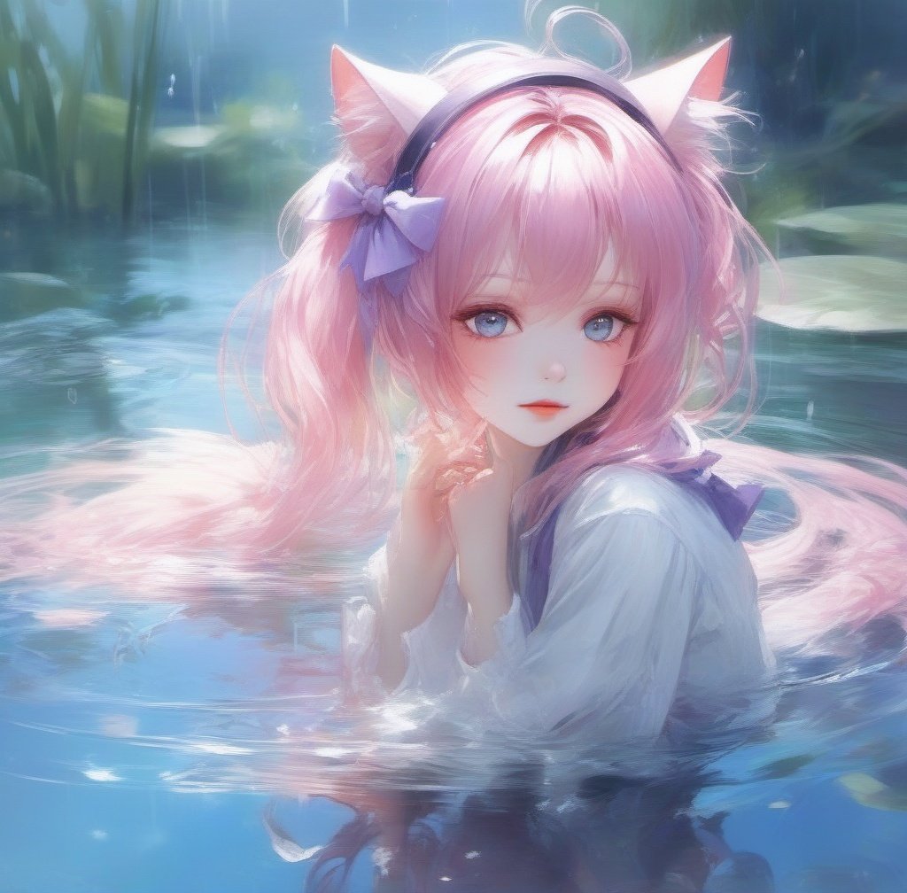 1girl cat ears,anime style,full body,potrait,outdoors,onsen,(solo),(wolf ear fluff),(long_hair),(messy_hair),(ponytail),ahoge,(crystal pink_hair),purple eyes,looking away,(half body under water),((wariza)),blush,((soaked)),(((wet clothes))),(white_shirt),, girl, solo, loli,, (((masterpiece))), (((best quality))), ((ultra-detailed)), (illustration), (detailed light),((an extremely delicate and beautiful)),dramatic_shadow,ray_tracing,, ((masterpiece)), (((best quality))), ((ultra-detailed)), ((illustration)), dynamic angle,dynamic pose, dynamic pose,, Modern Cartoon,, ((beautiful detail light reflective water)),detailed face,((ultra-detailed)),shiny water,Masterpiece,best quality, beautifully painted,highly detailed,detailed clothes,detailed face,detailed eyes,detailed background, detailed skin,large masterpiece digital art, detailed manga illustration, finely detailed,HIGH RES,Stunning art,overexposure,{{{{ by Gaston Bussiere, by Sophie Anderson, by WLOP }}}},(((bow panties))), frilled bra ,, ((((by Paul Hedley)))),(beautiful detailed water), (beautiful detailed sky), ( fluttered detailed splashs),, by Karl Kopinski,momoko,cat ears,bingnvwang,pink mecha