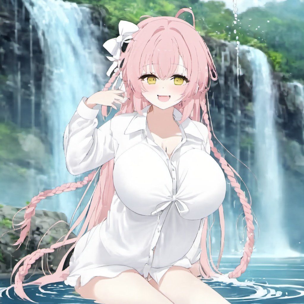 masterpiece, best quality,huazi, 1girl,, shirt, solo,  cleavage, white shirt, smile, bow, looking at viewer, hair bow, blush, water, wet clothes, wet, see-through, yellow eyes, long sleeves, holding, waterfall, wet shirt, closed mouth, collared shirt, very long hair, outdoors, side braid, thighs