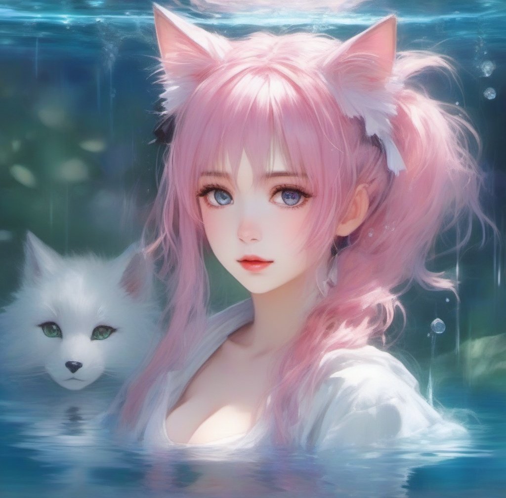 1girl cat ears,anime style,full body,potrait,outdoors,onsen,(solo),(wolf ear fluff),(long_hair),(messy_hair),(ponytail),ahoge,(crystal pink_hair),purple eyes,looking away,(half body under water),((wariza)),blush,((soaked)),(((wet clothes))),(white_shirt),, girl, solo, loli,, (((masterpiece))), (((best quality))), ((ultra-detailed)), (illustration), (detailed light),((an extremely delicate and beautiful)),dramatic_shadow,ray_tracing,, ((masterpiece)), (((best quality))), ((ultra-detailed)), ((illustration)), dynamic angle,dynamic pose, dynamic pose,, Modern Cartoon,, ((beautiful detail light reflective water)),detailed face,((ultra-detailed)),shiny water,Masterpiece,best quality, beautifully painted,highly detailed,detailed clothes,detailed face,detailed eyes,detailed background, detailed skin,large masterpiece digital art, detailed manga illustration, finely detailed,HIGH RES,Stunning art,overexposure,{{{{ by Gaston Bussiere, by Sophie Anderson, by WLOP }}}},(((bow panties))), frilled bra ,, ((((by Paul Hedley)))),(beautiful detailed water), (beautiful detailed sky), ( fluttered detailed splashs),, by Karl Kopinski,momoko,cat ears,bingnvwang,pink mecha,1girl