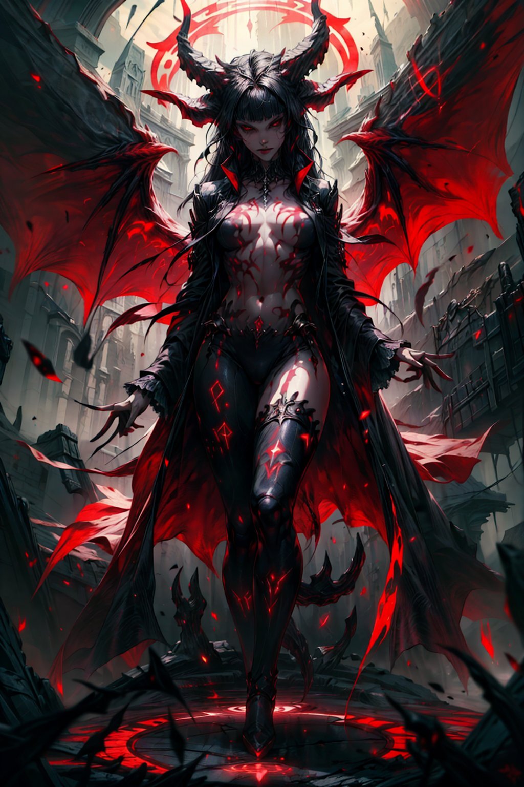 Masterpiece, ultra hd, 8k, hdr, dynamic, hype realistic, perfect hands:1.2, detailed background, finely detailed body, One female demon, wings, (dark red eyes), long black hair, bangs, hair_past_waist, straight_hair, perfect figure, (bare breasts, nude), ((red-colored apparel, often in the form of long, two-tailed coats)), depth_of_field, (solo), GlowingRunes_red, magical circle background, ((full_body))