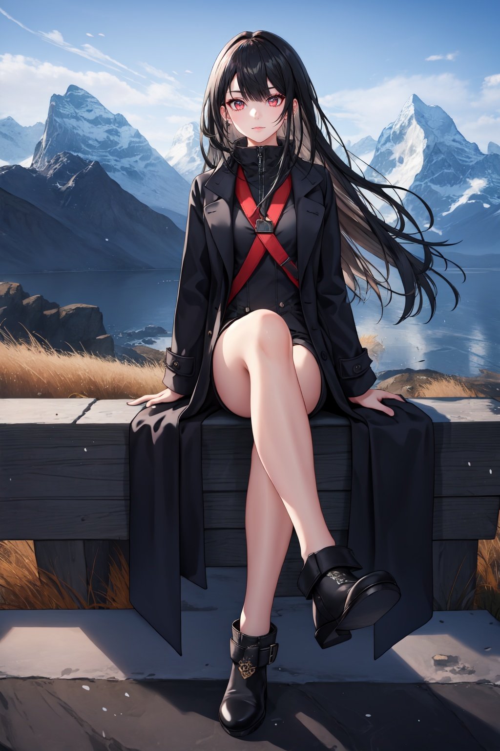 masterpiece, best quality, 1girl, solo, mountain, long coat, black coat, ankle boots, outdoors glowing, glowing eyes, sitting, upper body, crossed legs