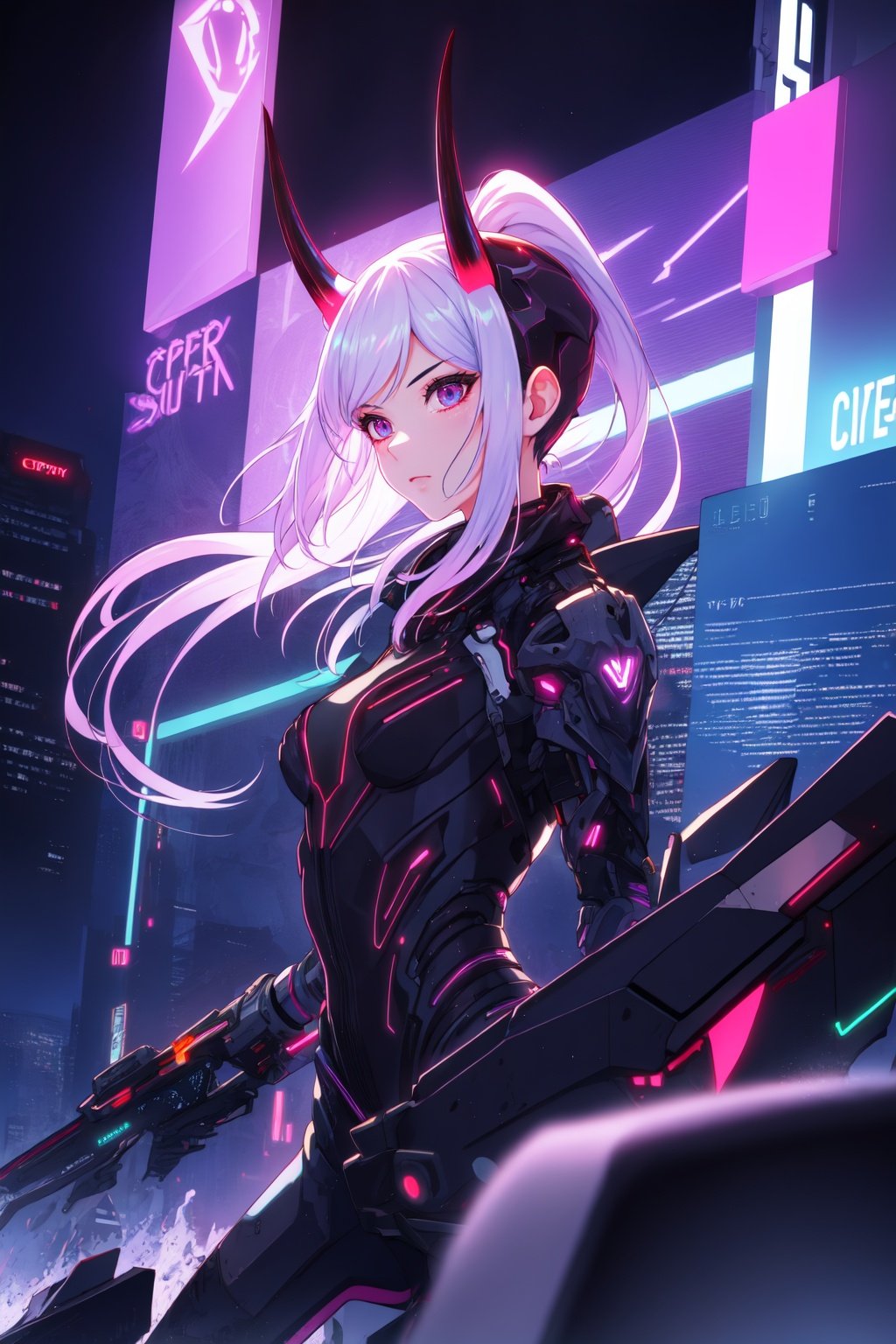 masterpiece, best quality, 1girl, solo, long hair, ponytail, demon horns, horns, cyperpunk vibes, synthwave, city scrapper, night, neon, neon light, RTX, post processing, depth of field