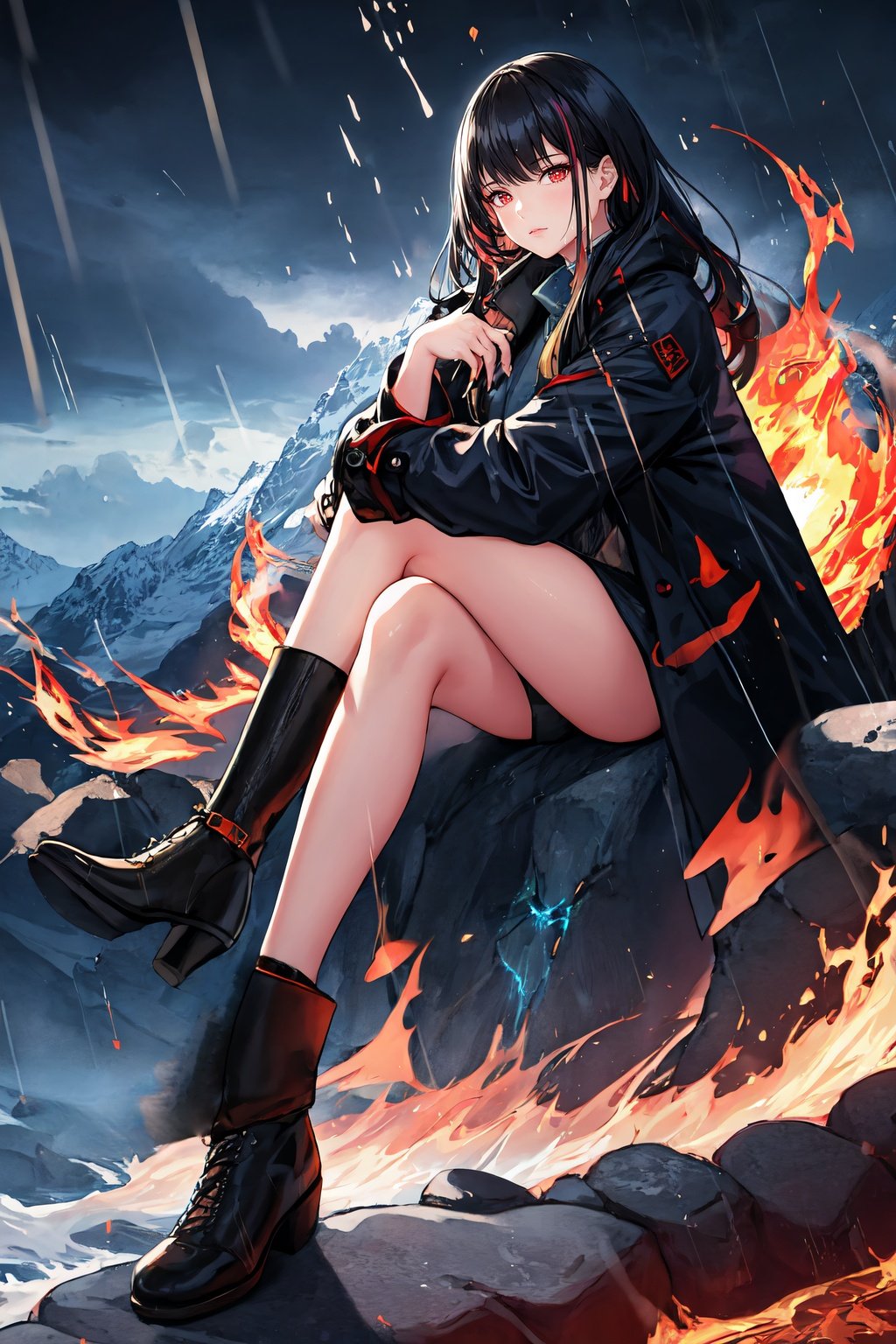 masterpiece, best quality, 1girl, solo, mountain, extremely detailed, fire, fire swirl, long coat, black coat, ankle boots, outdoors, thunder, rain, glowing, glowing eyes, upper body, crossed legs
