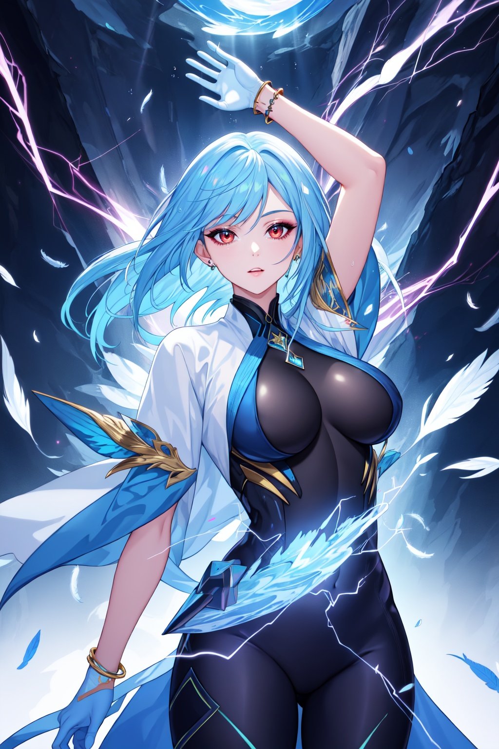 1girl, solo, ((large breasts:1.3)), very long hair, ((makeup)), eyeliner, (flat color:1.3),(colorful:1.3),(masterpiece:1.2), best quality, original, extremely detailed wallpaper, looking at viewer, upperbody shot of a girl infused with lightning, fully clothed with blue long robe, highly detailed, extremely detailed, red eyes, electric, red moon, Rays of Shimmering Light, Cinematic Lighting, Matte, Stone, Milky Quartz, Opalite, Jewelry, Silk, Feathers, Water splash, Fog, Electric, Electricity, sparks, lensflare, rim lighting, backlighting, Bracelet, Chromatic Aberration, RTX, Post Processing