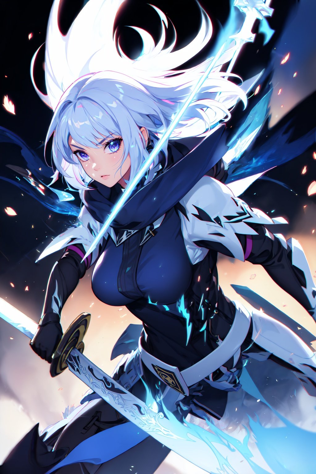 colorful, 1girl, white hair, purple eyes, dual wielding, sword, holding sword, blue flames, glow, glowing weapon, light particles, wallpaper, chromatic aberration,