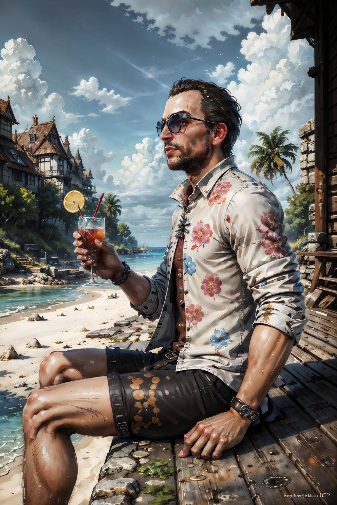 (masterpiece, top quality, best quality, official art, detailed:1.2), <lora:lambert-20:0.7>, lambertW3_soul3142, sunglasses, white shirt, floral print shirt, folded sleeves, holding cocktail, shorts, sitting, relaxing, beach, seascape, sky, clouds, from side, 