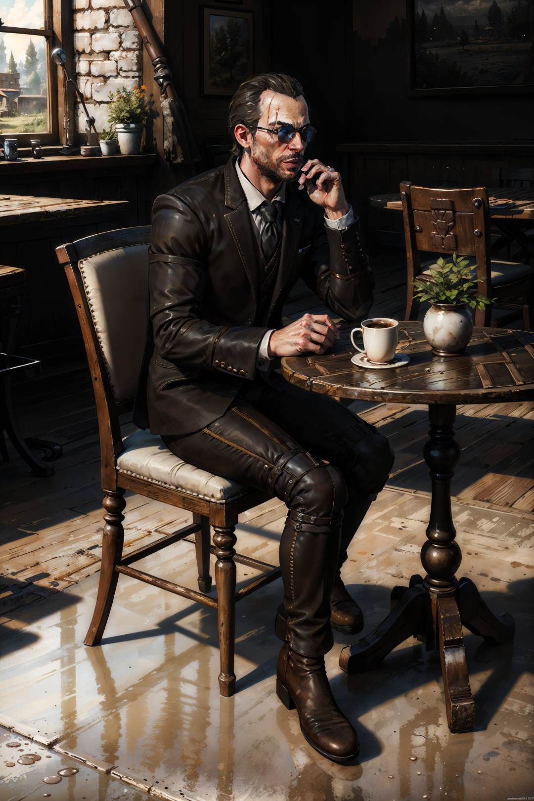 (masterpiece, top quality, best quality, official art, detailed:1.2), cafe,  <lora:lambert-20:0.7>,lambertW3_soul3142, sunglasses, (tuxedo), sitting, chair, full body, coffee, table, window, from side, 