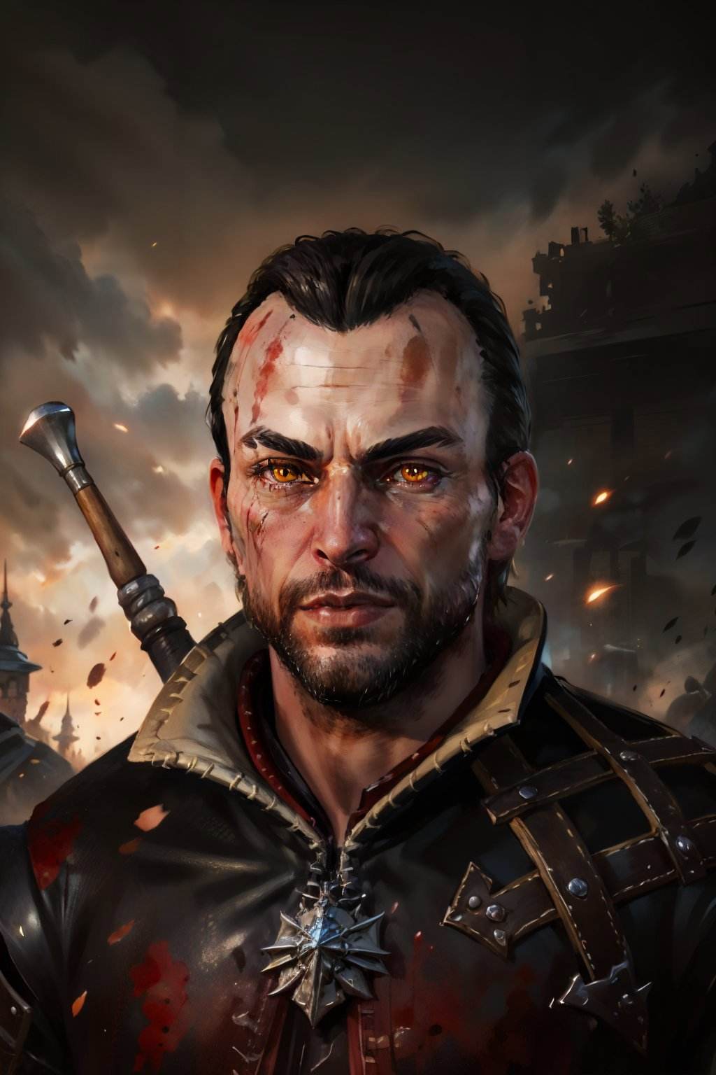 (masterpiece, top quality, best quality, official art, detailed:1.2), <lora:lambert-20:0.7>, lambertW3_soul3142, solo, looking at viewer, black hair, 1boy, yellow eyes, weapon, male focus, armor, blood, facial hair, scar, portrait, beard, scar on face, scar across eye