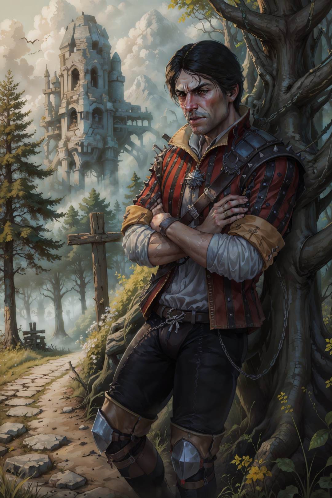 (masterpiece, top quality, best quality, official art, detailed:1.2),  <lora:eskel:0.7>, eskelW3_soul3142, solo, black hair, shirt, 1boy, standing, male focus, outdoors, striped, pants, armor, tree, crossed arms, mustache, knee pads