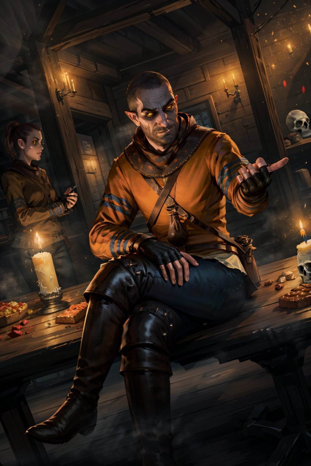 (masterpiece, best quality:1.2),  <lora:gaunter:0.7>, gaunterW3_soul3142, fingerless gloves, sitting, crossed legs, table, yellow eyes, boots, food, pointy ears, facial hair, fire, glowing eyes, skull, candle,