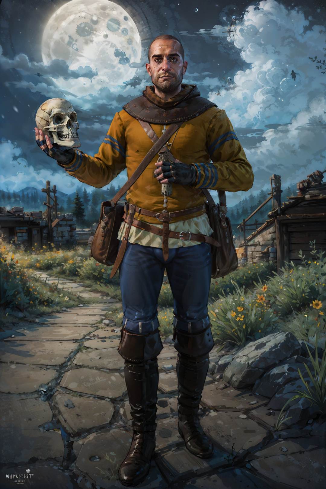 (masterpiece, best quality:1.2),  <lora:gaunter:0.7>, gaunterW3_soul3142, solo, fingerless gloves, boots, bag, night, facial hair, moon, beard,  skull, very short hair, male focus