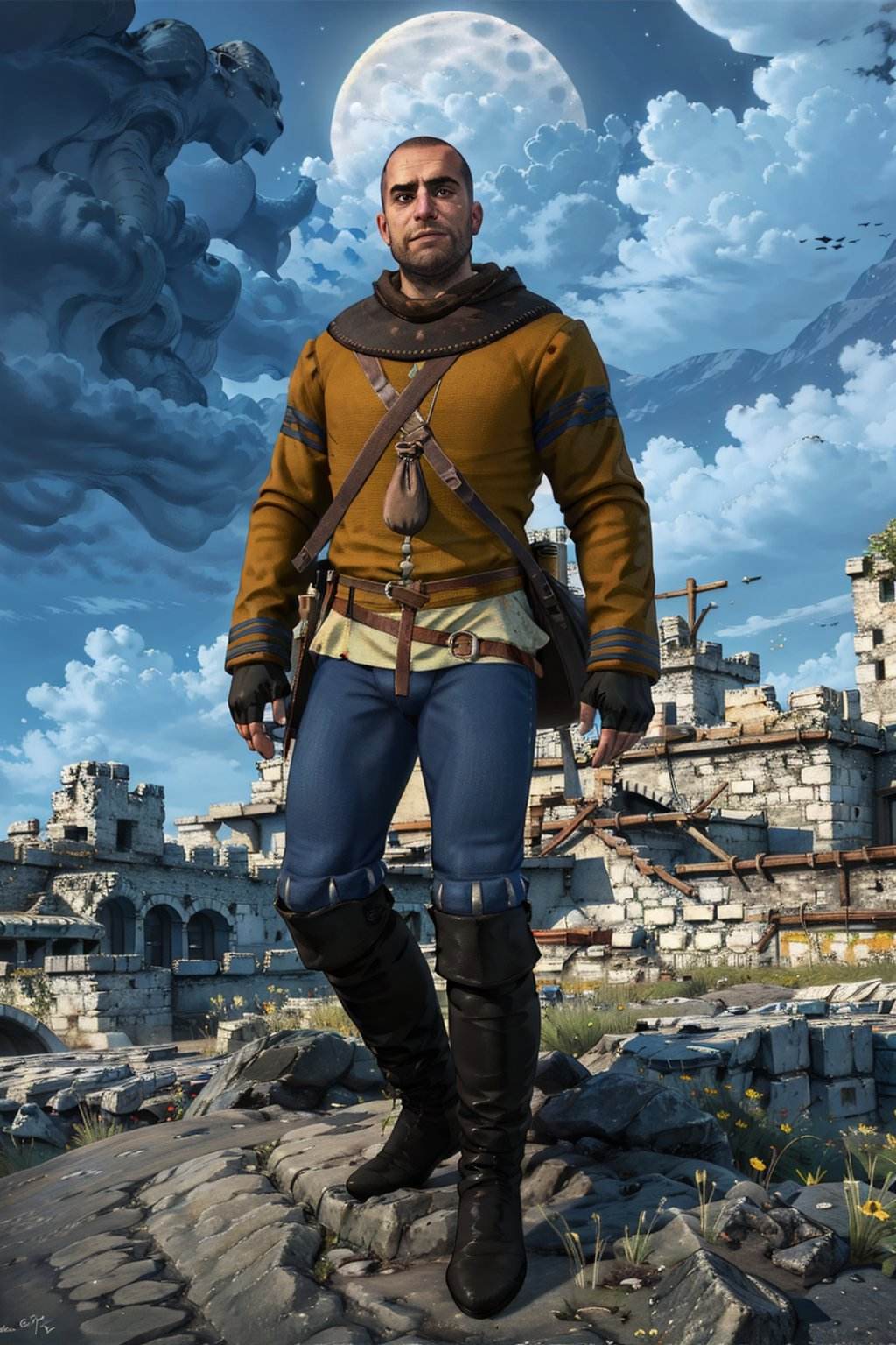 (masterpiece, best quality:1.2),  <lora:gaunter:0.7>,gaunterW3_soul3142, solo, fingerless gloves, boots, sky, belt, cloud, night, facial hair, moon, beard, very short hair, male focus