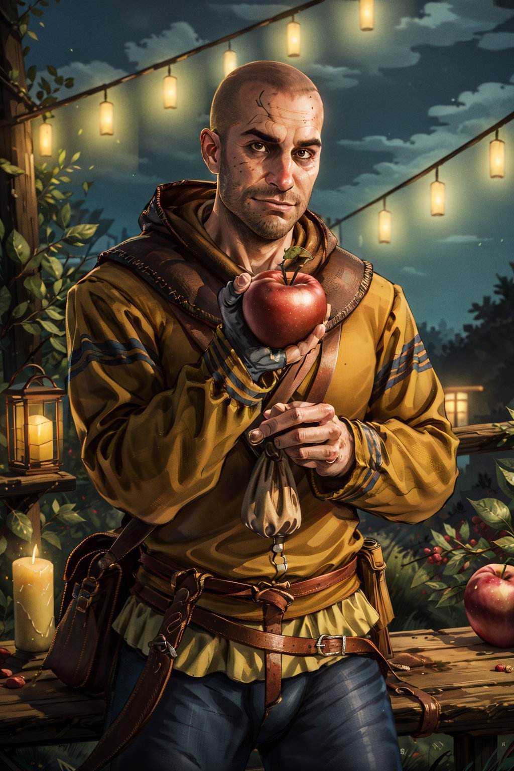 (masterpiece, best quality:1.2),  <lora:gaunter:0.7>,gaunterW3_soul3142, solo, food, night, fruit, facial hair, holding food, knife, beard, lantern, realistic, apple, very short hair, holding fruit, male focus