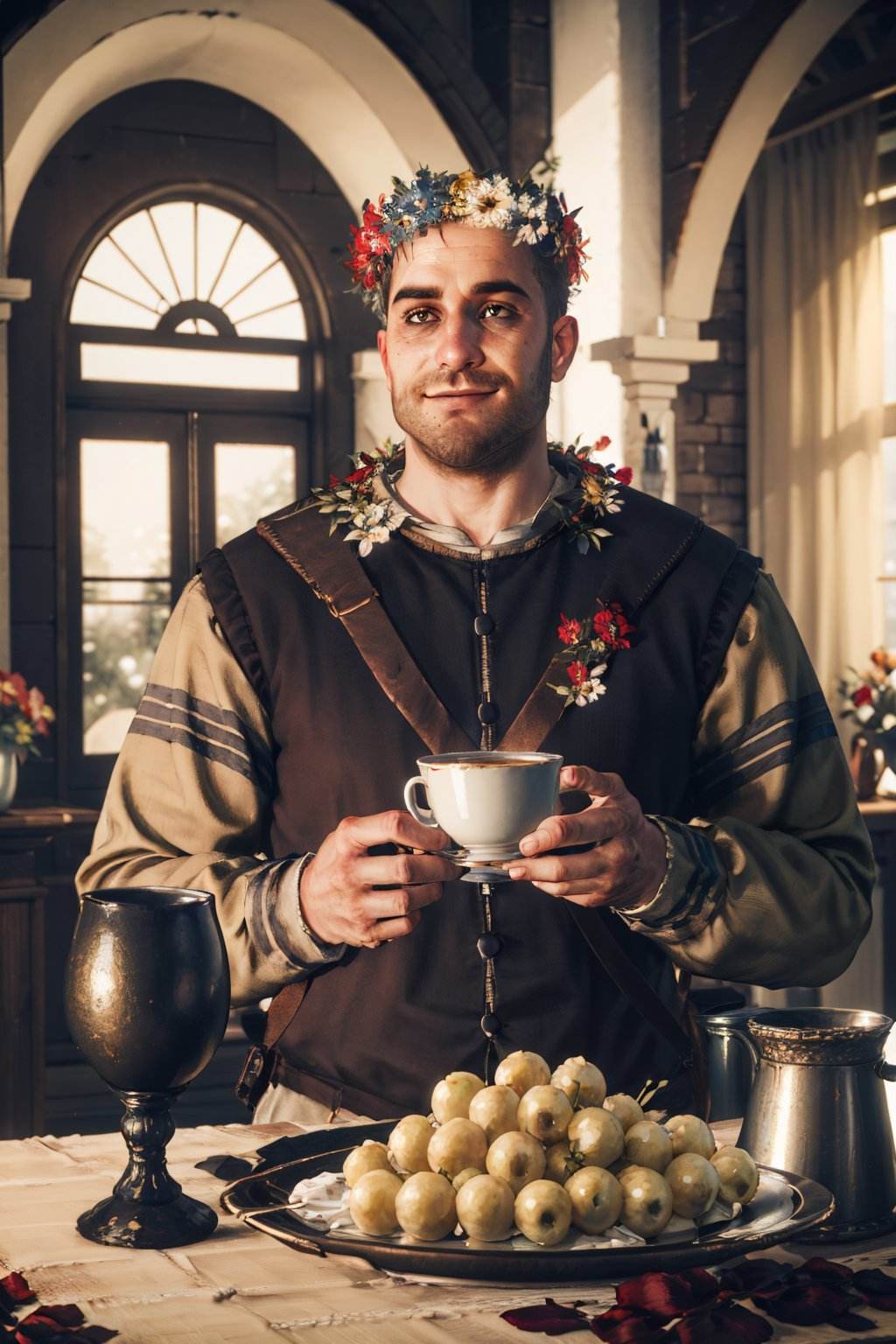 (masterpiece, best quality:1.2),  <lora:gaunter:0.7>, gaunterW3_soul3142, solo, smile,  holding, upper body, flower, food, indoors, vest, cup, facial hair, beard, plate, realistic, head wreath, wreath, male focus