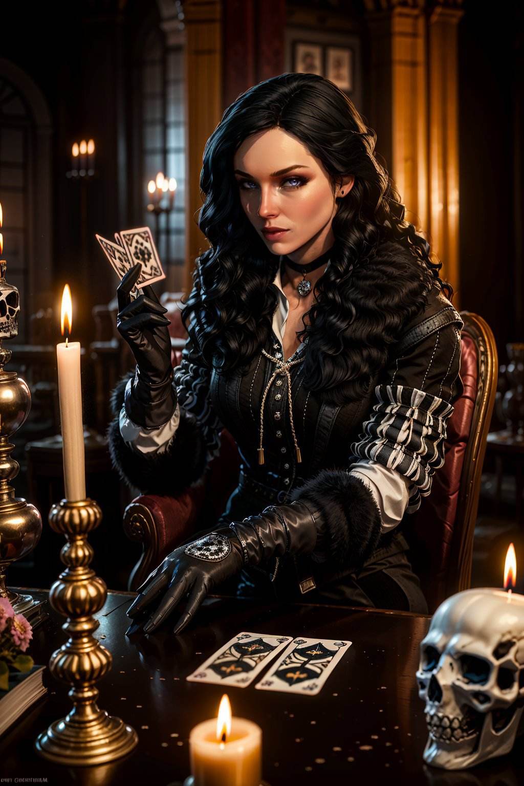 (masterpiece, best quality:1.2),  <lora:yennefer-17:0.7>, yenW3_soul3142, 1girl, solo, long hair, black hair, purple eyes, mole under mouth, black jacket, fur trim, gloves, sitting, looking down, flower, black gloves, indoors, choker, skull, card, candle, playing card, candlestand, holding chalice, realistic