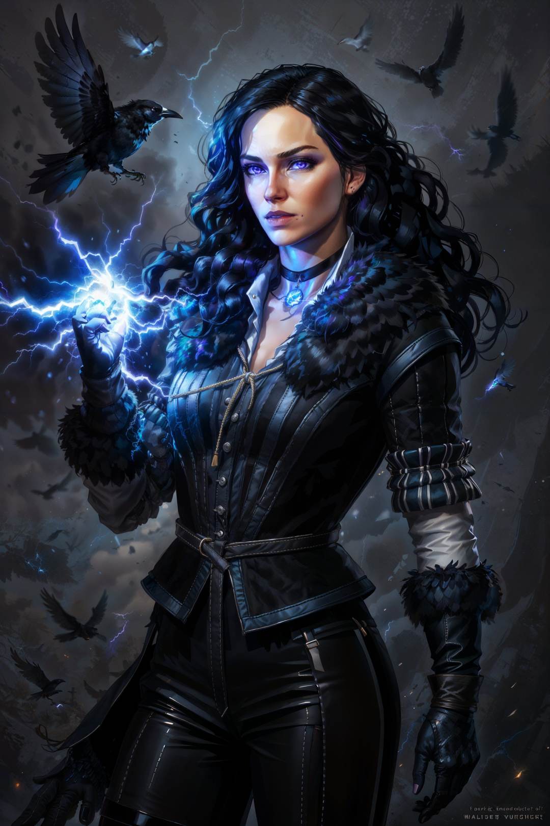 (masterpiece, best quality:1.2),  <lora:yennefer-17:0.7>, yenW3_soul3142, solo, long hair, looking at viewer, black hair, purple eyes, mole under mouth, gloves, choker, glow, black jacket, fur trim, fist up, long sleeves, bird, realistic, electricity, crow