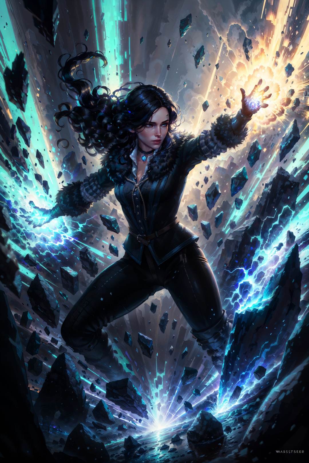 (masterpiece, best quality:1.2),  <lora:yennefer-17:0.7>, yenW3_soul3142, 1girl, solo, long hair, black hair, floating hair, black jacket, fur trim, gloves, rock, glow, debris, magic, looing down