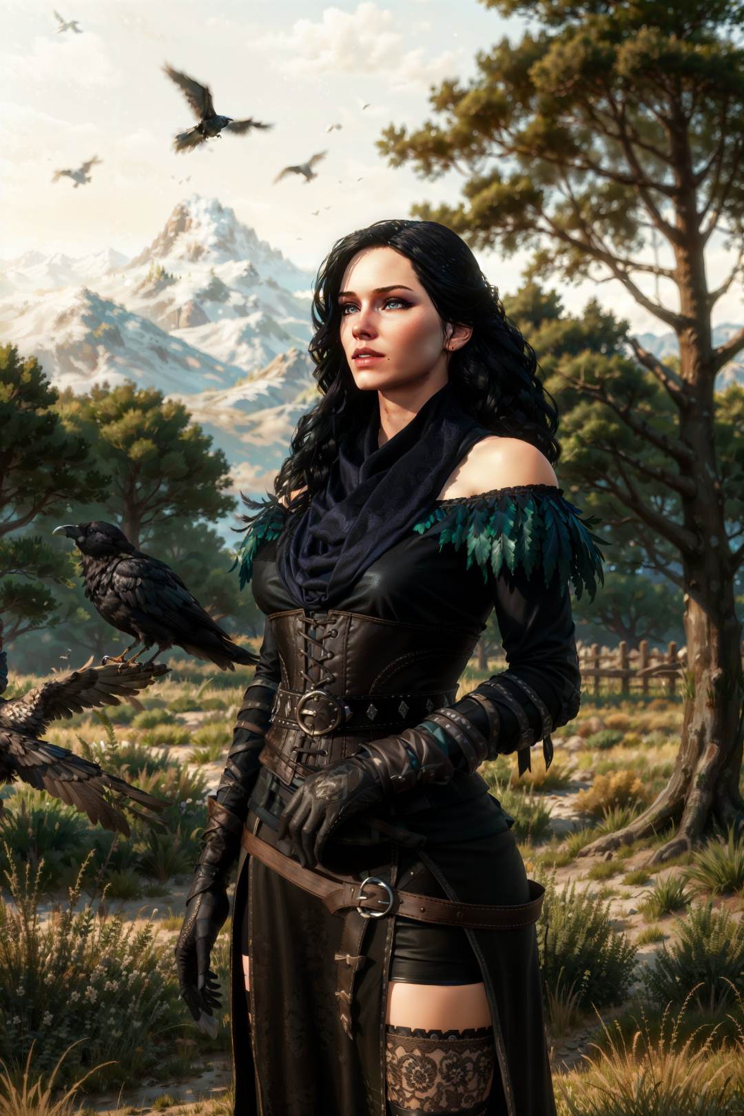 (masterpiece, best quality:1.2),  <lora:yennefer-17:0.7>, yenW3_soul3142, 1girl, solo, long hair, black hair, purple eyes, mole under mouth, scarf, black dress, bare shoulders, feathers, corset, thighhighs, gloves, outdoors, belt, tree, bird, grass, nature, realistic, crow