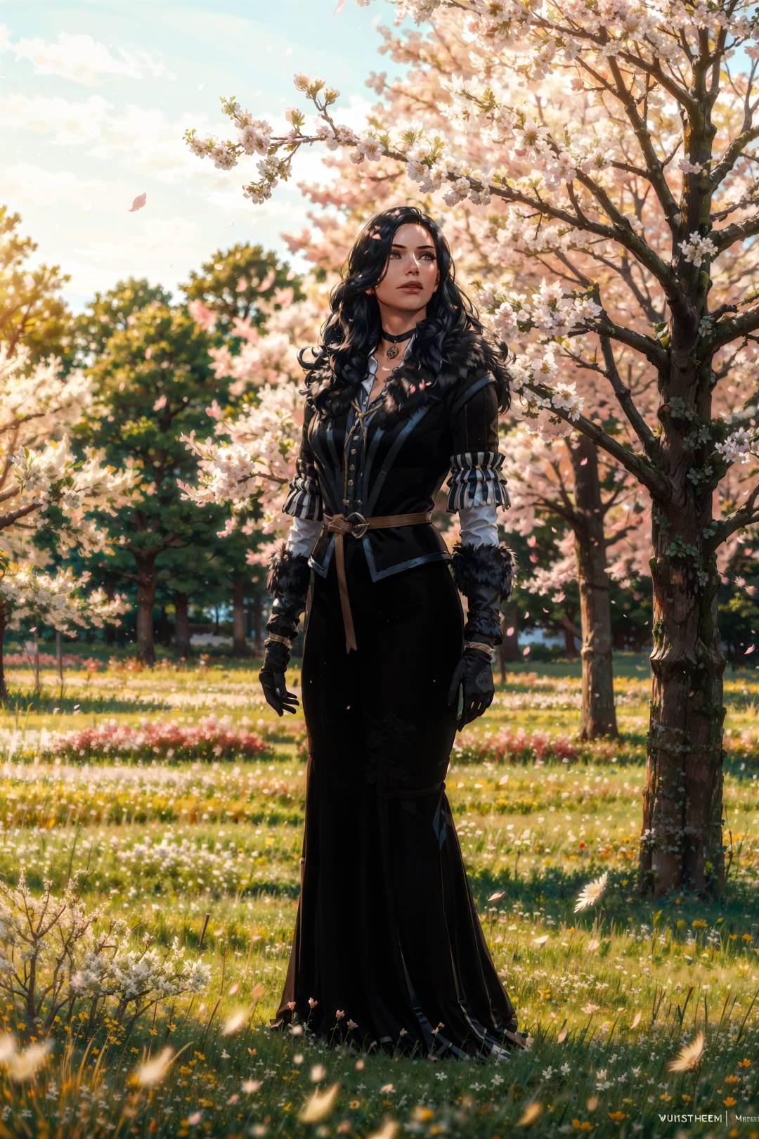 (masterpiece, best quality:1.2),  <lora:yennefer-17:0.7>, yenW3_soul3142, 1girl, solo, long hair, black hair, black jacket, fur trim, gloves, choker, gown, outdoors, tree, petals, sunlight, grass, cherry blossoms