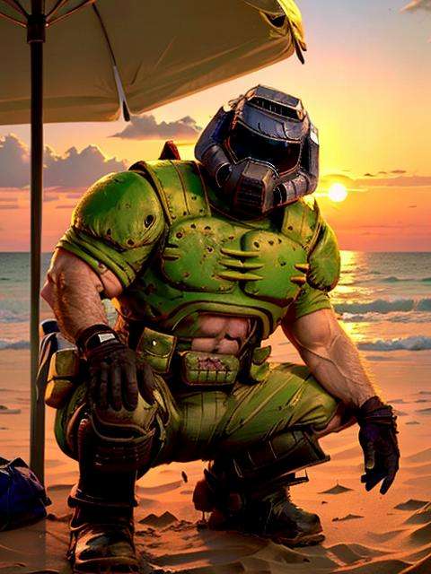 (doomguy:1.2), kneeling, arms behind back, squatting, beach, beach umbrella, sunset, beach towel, full full body,  <lora:doomguy-15:1>