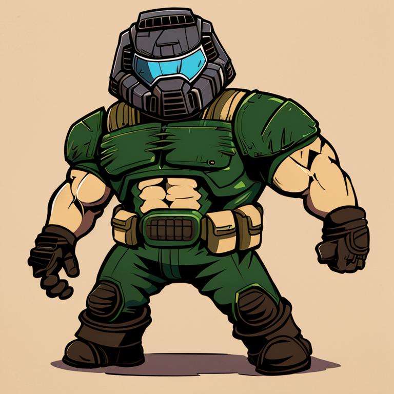 doomguy, full body, solo, (chibi:1.35), illustration, 2d,  simple background <lora:doomguy-15:1>