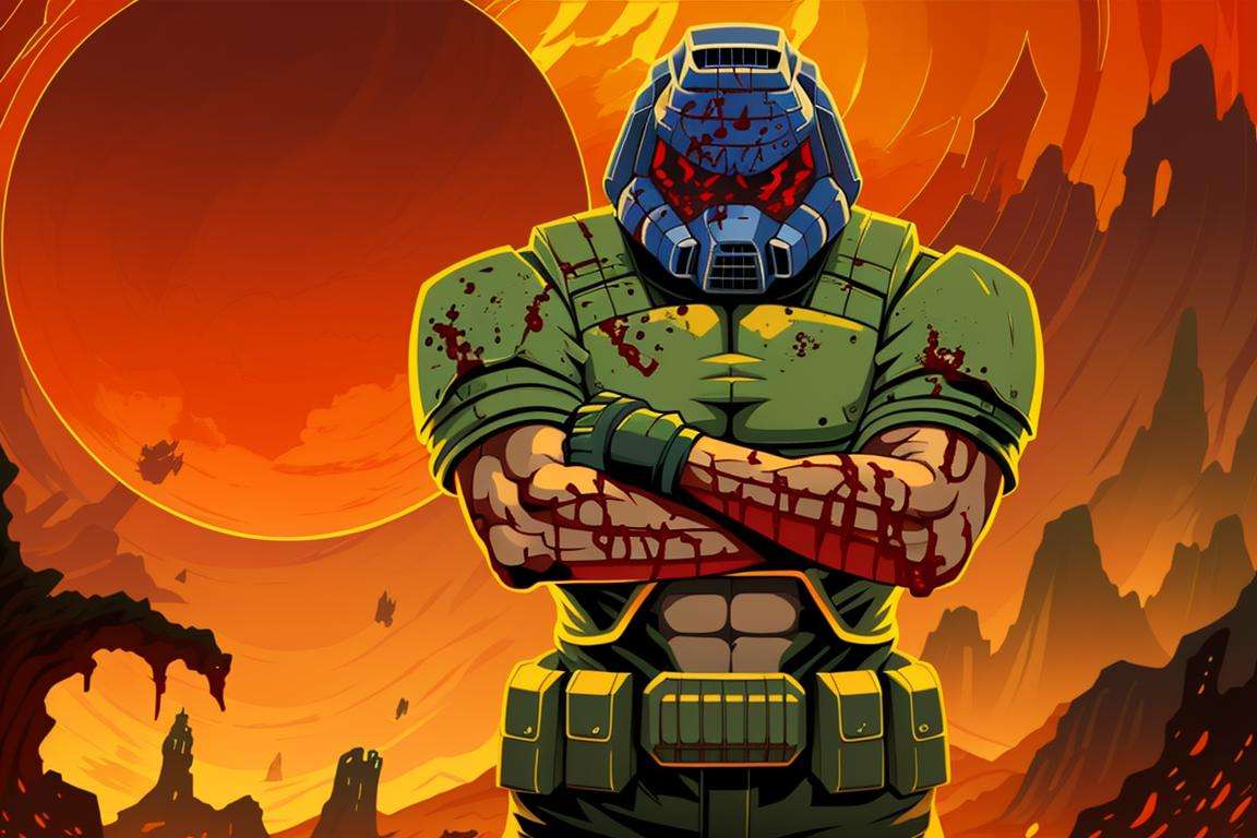 doomguy, full body, solo, illustration, 2d, crossed arms, (solo:1.4), hellscape, daemons, (masterpiece, best quality, absurdres:1.3), blood on clothes, <lora:doomguy-15:1>