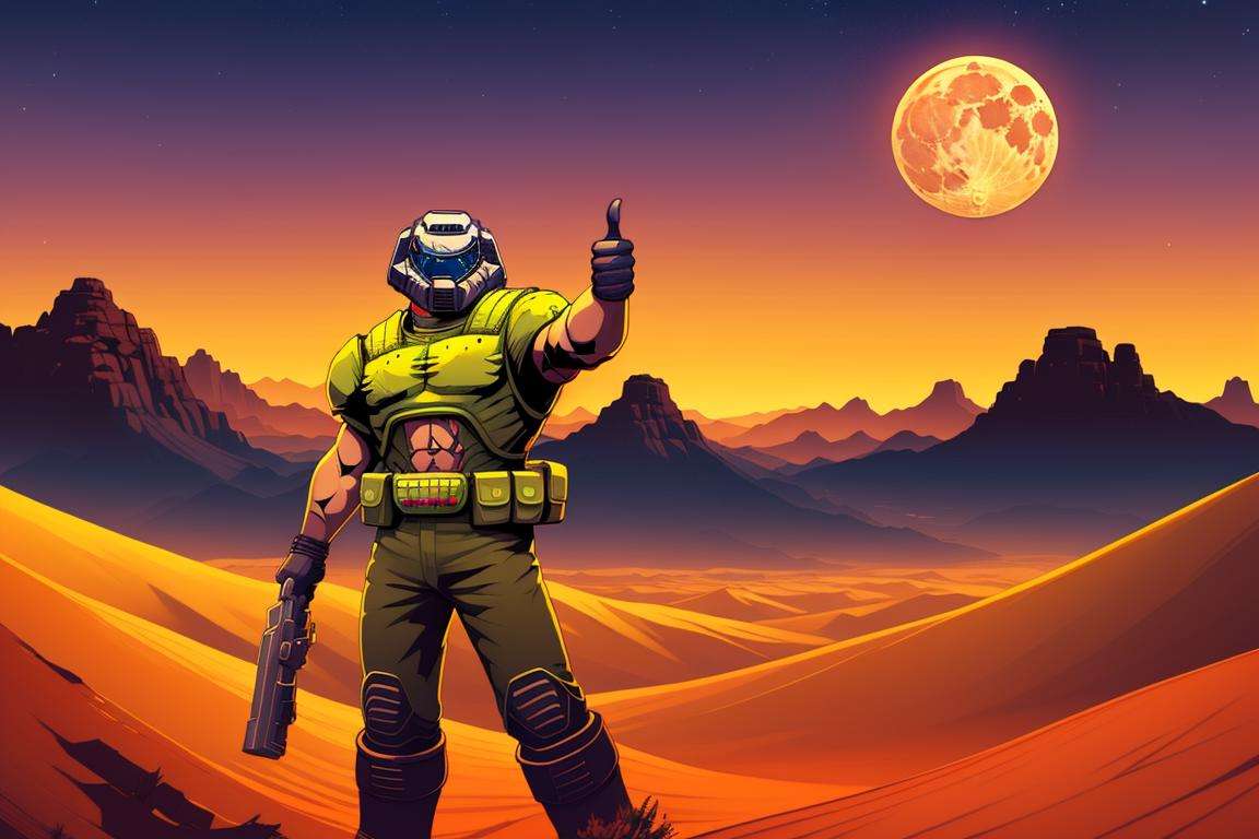 doomguy, full body, solo, illustration, 2d, (thumbs up:1.2), (solo:1.4), desert, full moon, night sky, night, <lora:doomguy-15:1>