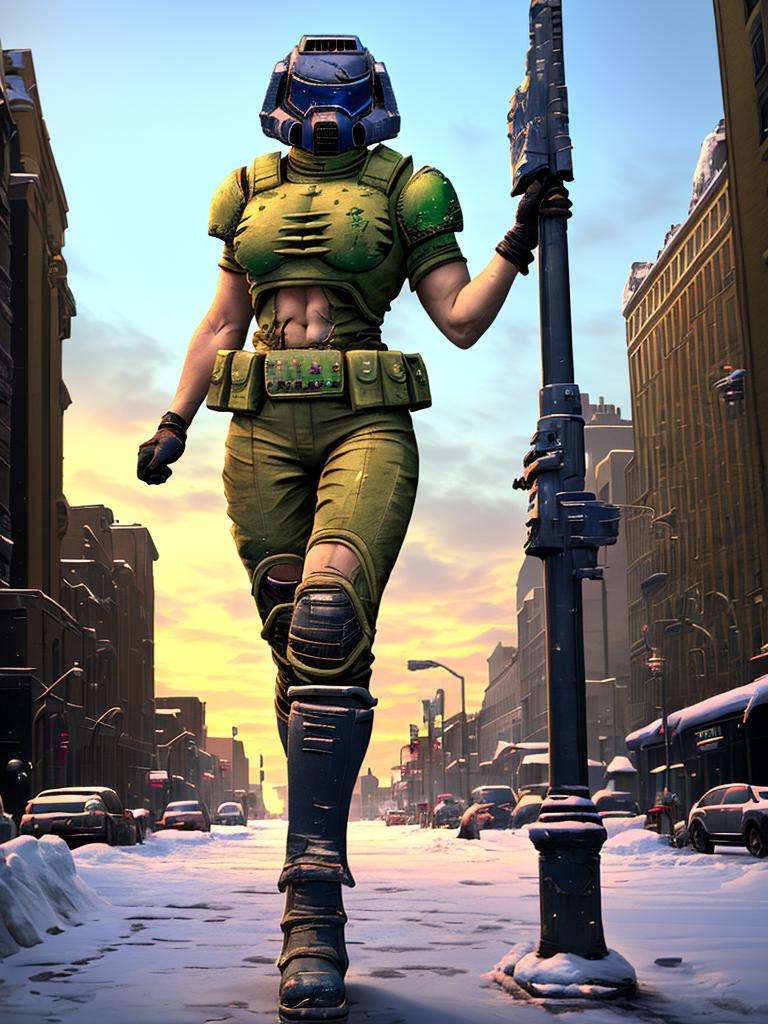 (1girl:1.4), (doomguy:1.2), full body, (solo:1.4), (standing on one leg:1.2),  (masterpiece, best quality, absurdres:1.3), winter city scene, <lora:doomguy-15:1>