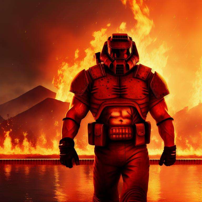 RAW photo, muscular doomguy walking towrd the viewer, (high detailed skin:1.2), 8k uhd, dslr, soft lighting, high quality, film grain, Fujifilm XT3,  full body shot, fire in the background, hell scape, pool of blood<lora:doomguy-15:1>  <lora:BetterGuns-V1:1>