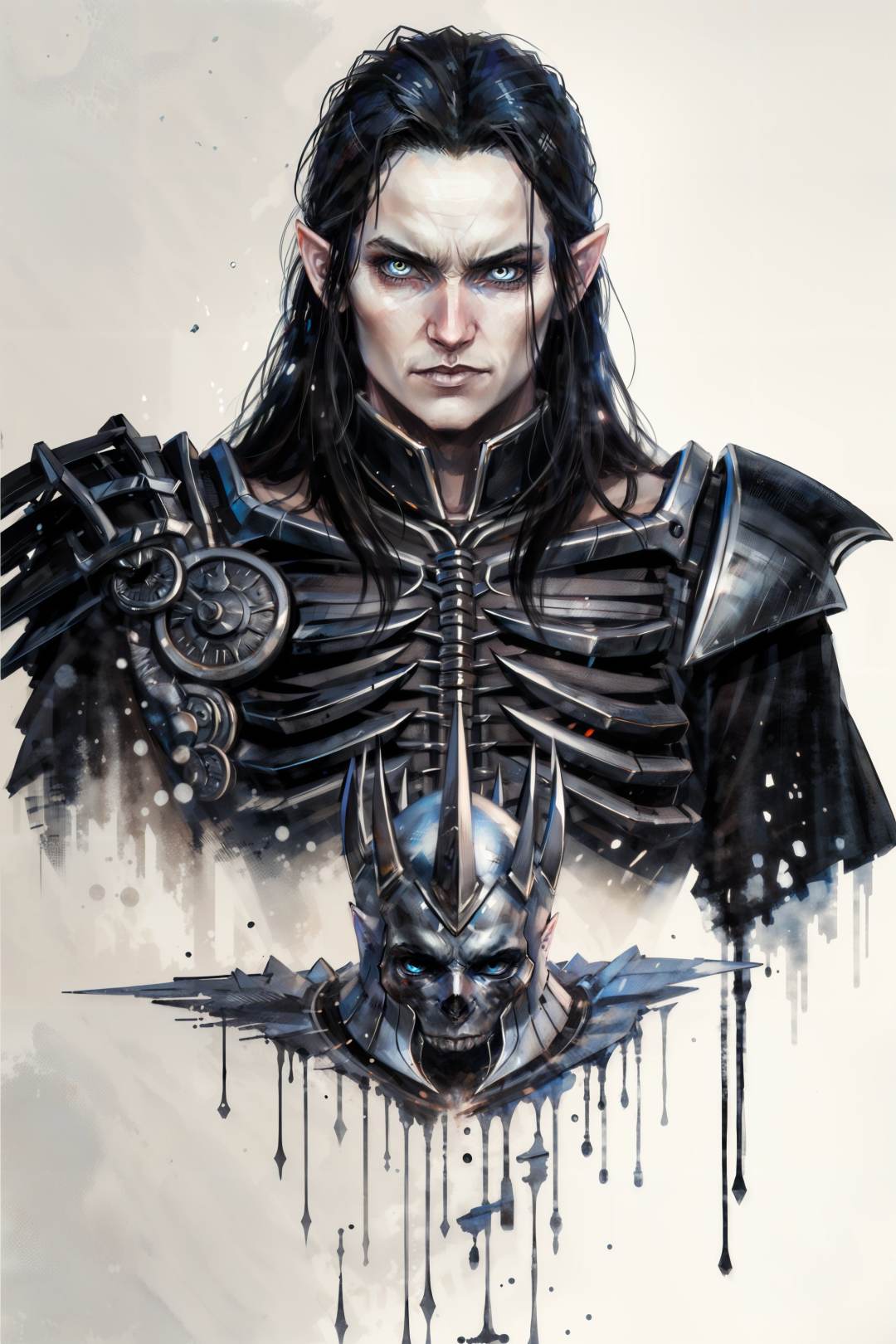 (masterpiece, best quality:1.2),   <lora:eredin:0.7>, eredinW3_soul3142, solo, long hair, grey eyes, looking at viewer, black hair, 1boy, monochrome, male focus, pointy ears, armor, realistic