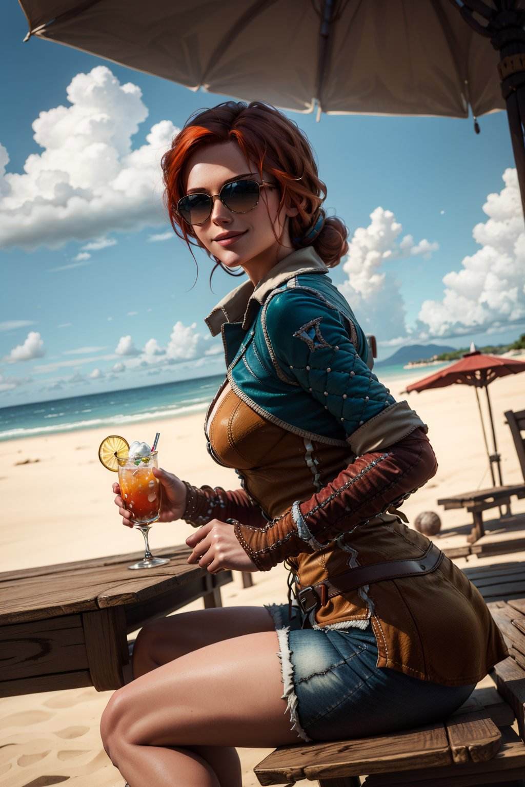 (masterpiece, best quality:1.2),  <lora:triss-15:0.7>, trissW3_soul3142, folded sleeves, denim shorts, red hair, sunglasses, smile, sitting, (holding cocktail:1.1), umbrella, beach, seascape, clouds, from side,