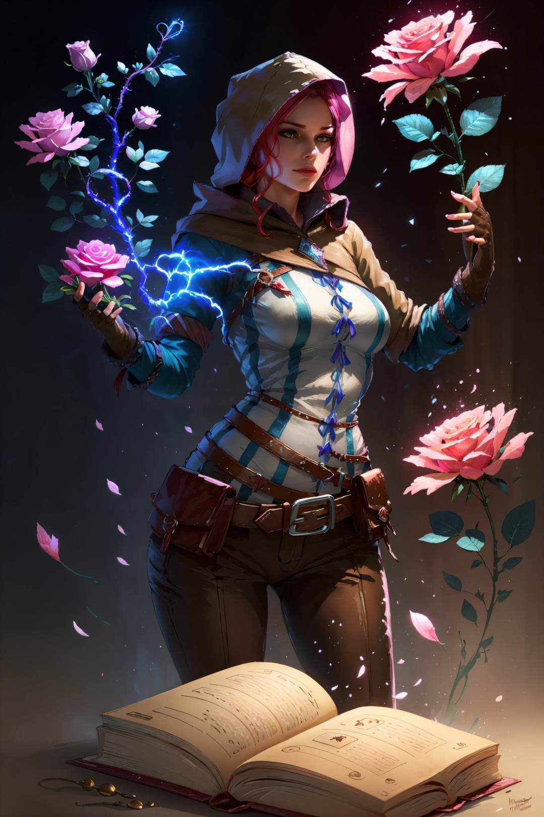 (masterpiece, best quality:1.2),  <lora:triss-15:0.7>, trissW3_soul3142, 1girl, solo, breasts, white striped shirt, gloves, medium breasts, flower, red hair, belt, pants, hood, fingerless gloves, book, glowing, rose, pink flower, brown gloves, pouch, open book, magic, candle, pink rose, belt pouch