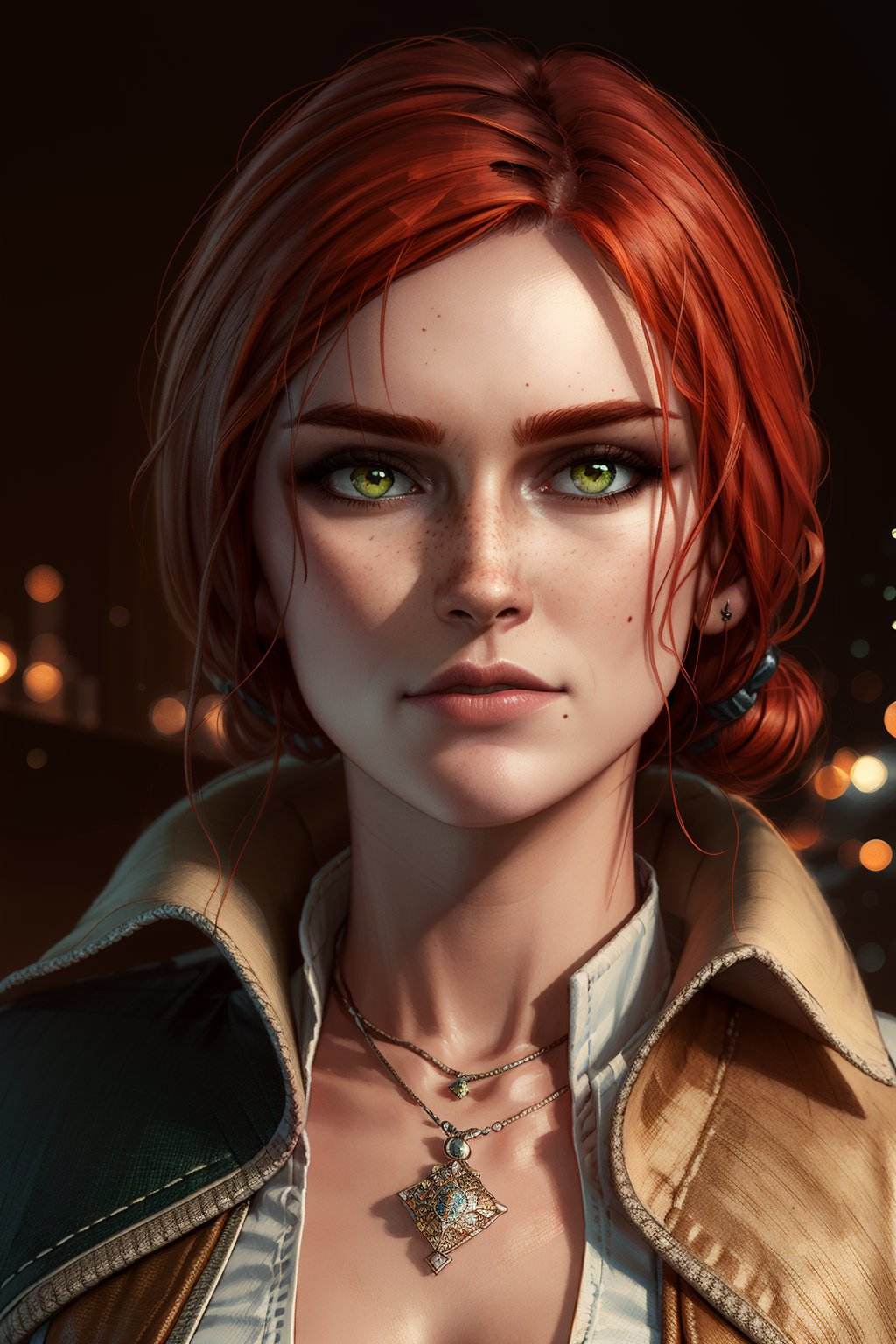 (masterpiece, best quality:1.2),  <lora:triss-15:0.7>, trissW3_soul3142, 1girl, solo, looking at viewer, red hair, green eyes, closed mouth, necklace, mole, portrait, mole under mouth, freckles, realistic