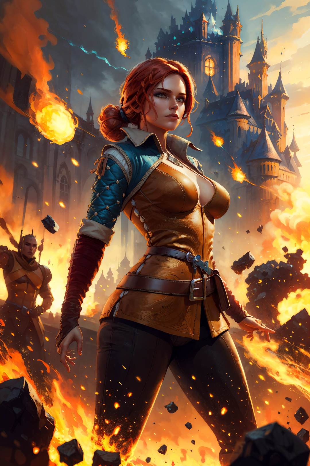 (masterpiece, best quality:1.2),  <lora:triss-15:0.7>, trissW3_soul3142, 1girl, breasts, medium breasts, orange shirt, cleavage, hair bun, red hair, solo focus, belt, pants, fire, magic, castle