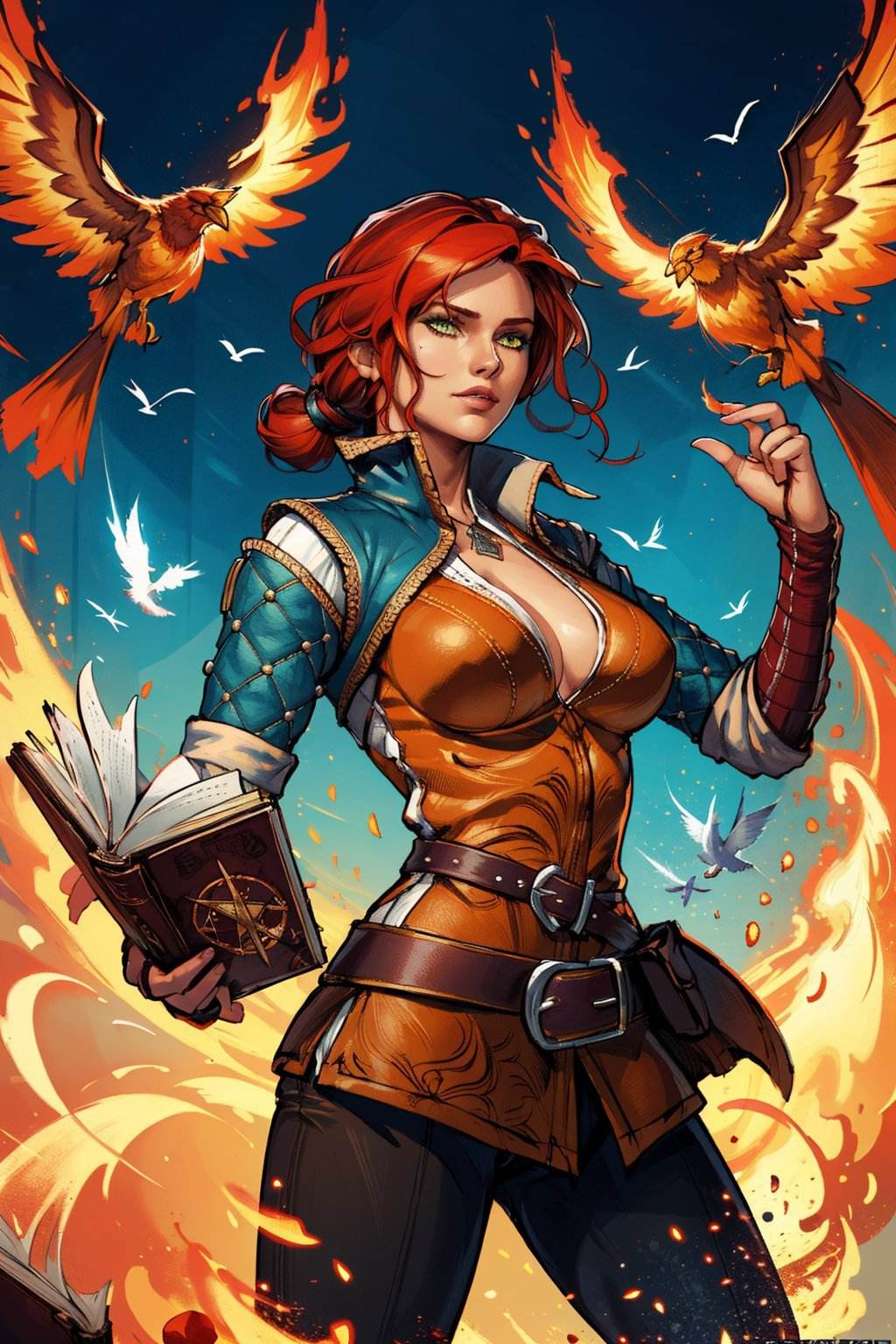 (masterpiece, best quality:1.2),  <lora:triss-15:0.7>, trissW3_soul3142, 1girl, breasts, medium breasts, red hair, cleavage, green eyes, belt, pants, bird, fire, open book, magic, magic circle