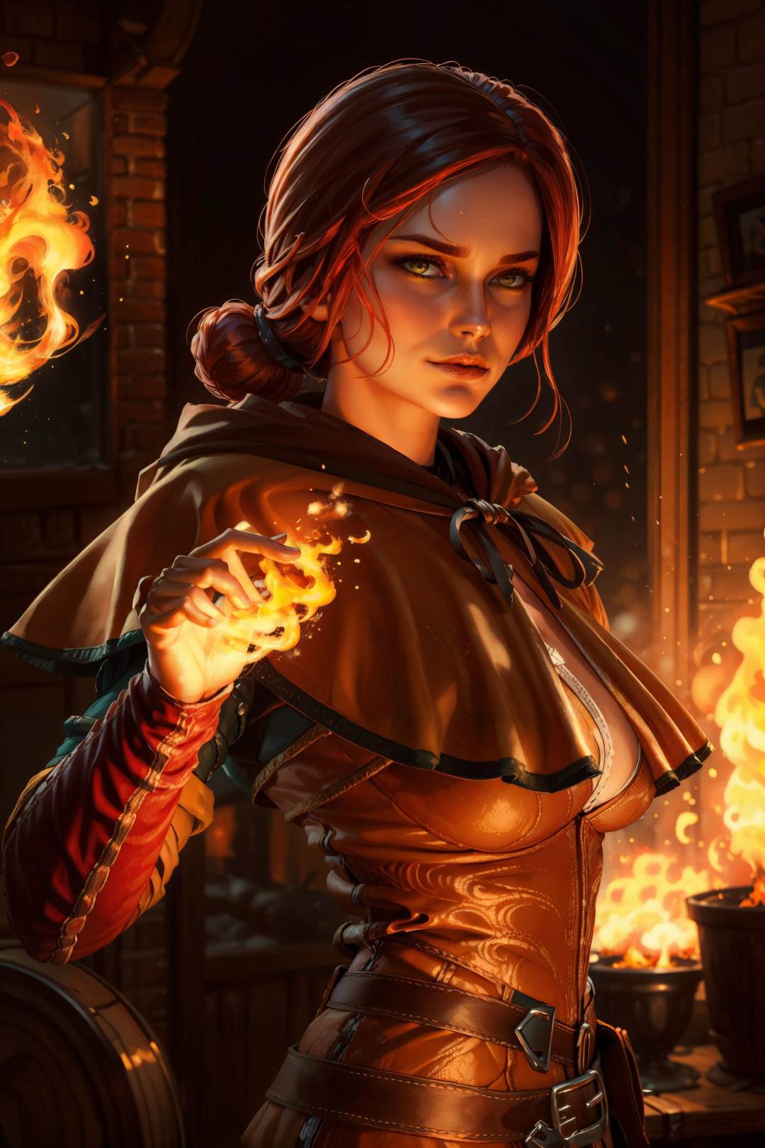 (masterpiece, best quality:1.2),  <lora:triss-15:0.7>, trissW3_soul3142, 1girl, breasts, gloves, orange shirt, 1boy, closed mouth, upper body, hair bun, red hair, looking at another, capelet, fire