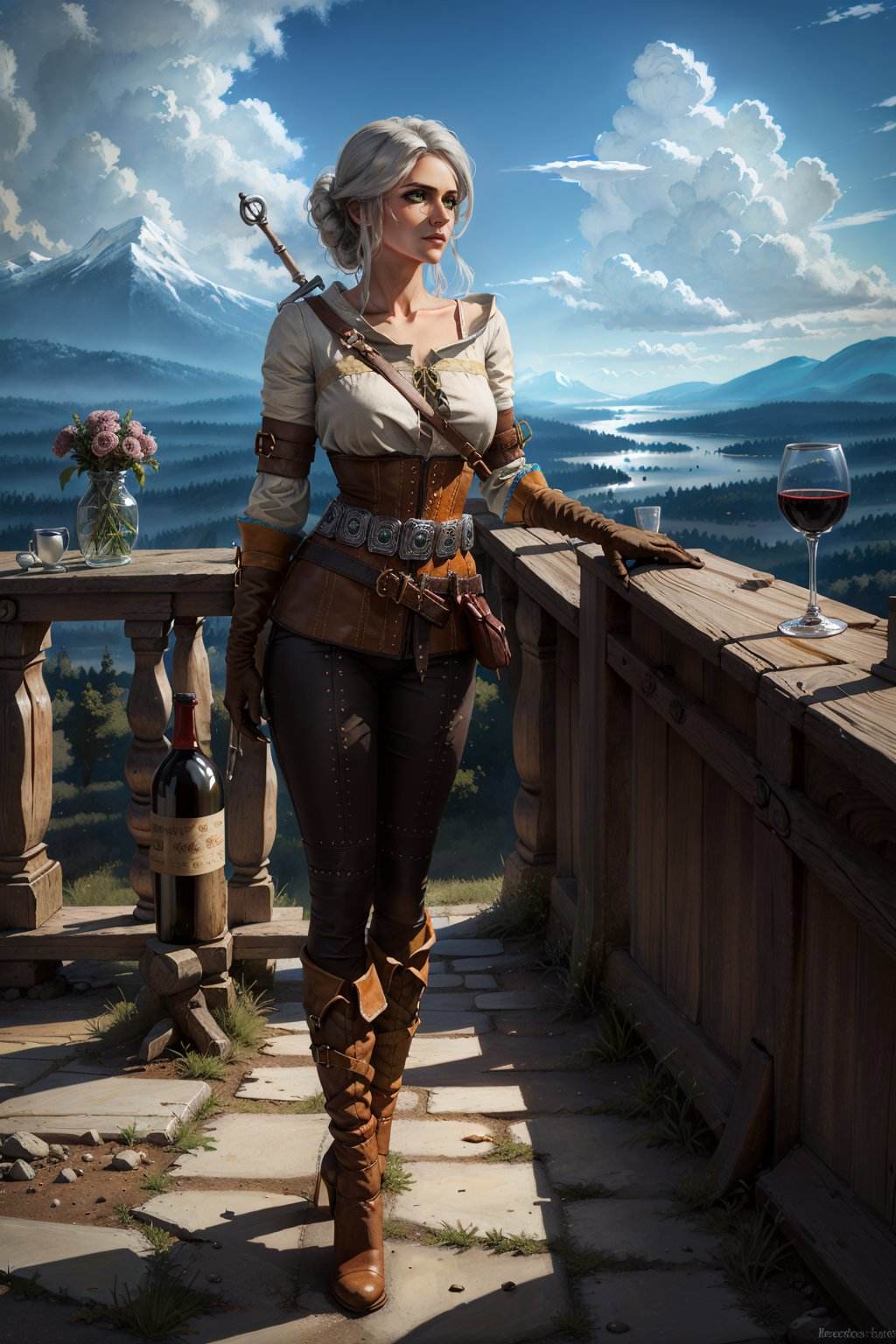 (masterpiece, best quality:1.2), <lora:ciri-18V2:0.7>, ciriW3_soul3142, 1girl, solo, breasts, shirt, gloves, green eyes, standing, full body, weapon, white hair, boots, outdoors, sky, day, belt, pants, sword, cloud, hair bun,  scar, brown footwear, table, cloudy sky, sheath, corset, scar on face, brown gloves, drinking glass, high heel boots, mountain, nose, scar across eye, wine glass, leather, planted, wine, wine bottle, leaning on object, leather gloves