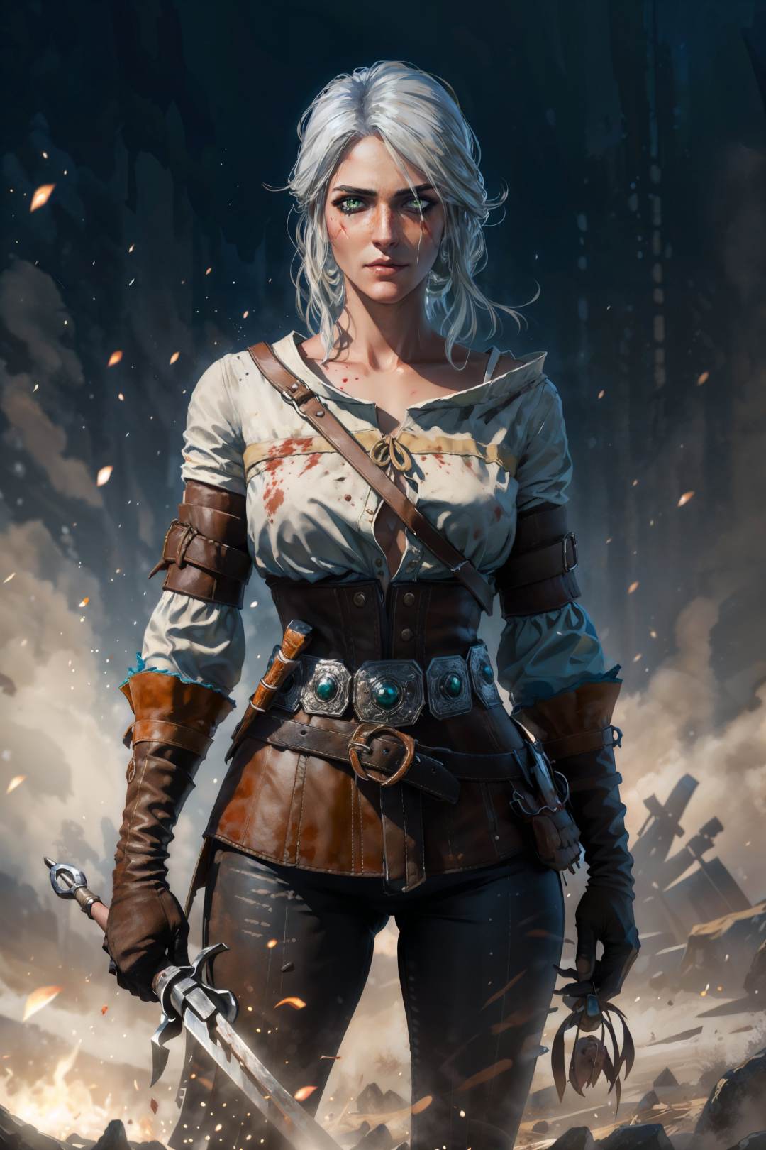 (masterpiece, best quality:1.2), <lora:ciri-18V2:0.7>, ciriW3_soul3142, 1girl, solo, medium hair, green eyes, looking at viewer, holding, closed mouth, white shirt, white hair, cowboy shot, belt, pants, blood, scar, holding sword, sheath, scar on face, brown gloves